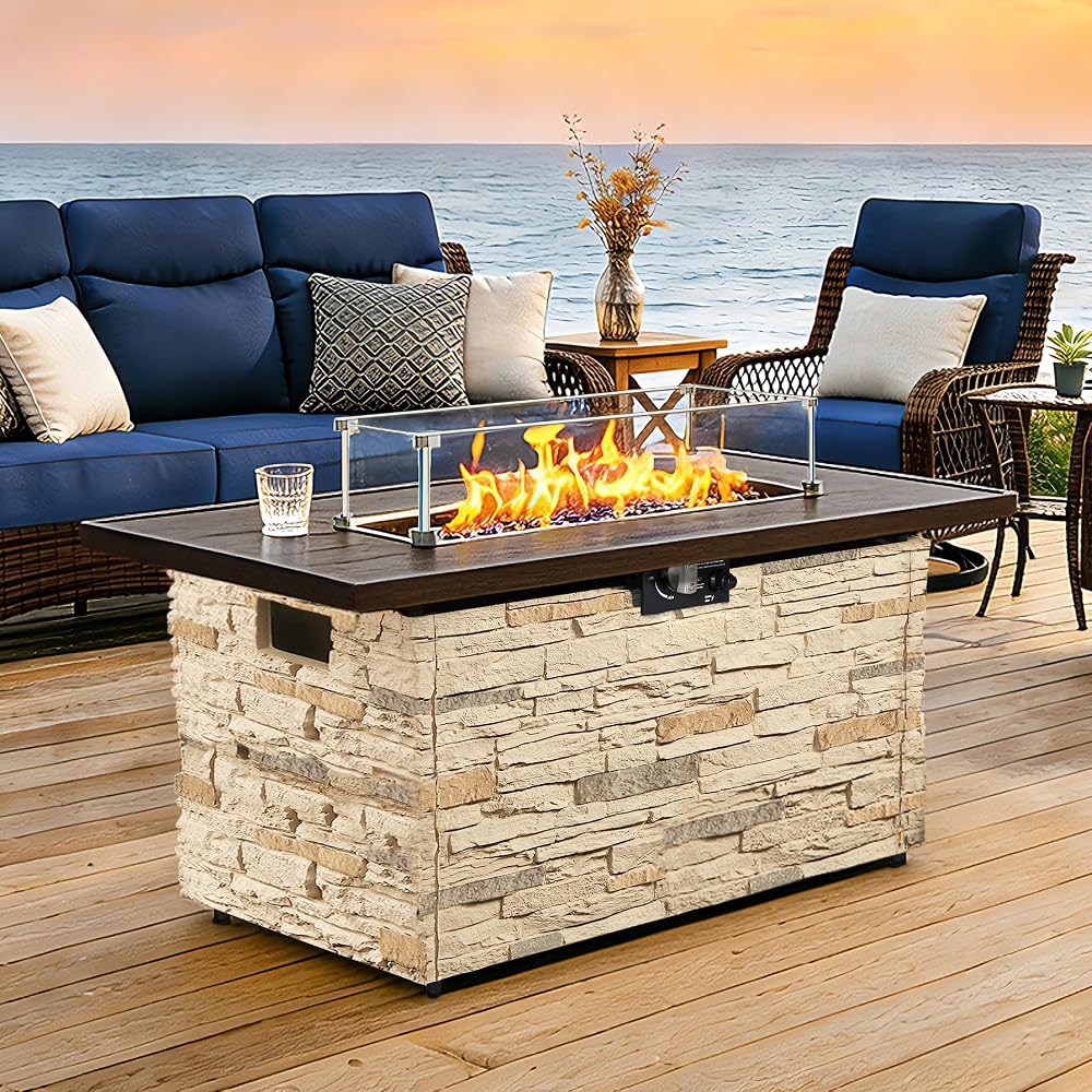 PIZZELLO 43 Inch Outdoor Fire Pit Table, 50,000BTU Rectangle Propane Fire Pit with Sliding Tank Holder, Glass Wind Guard, Removable Lid, CSA Certified, Buff