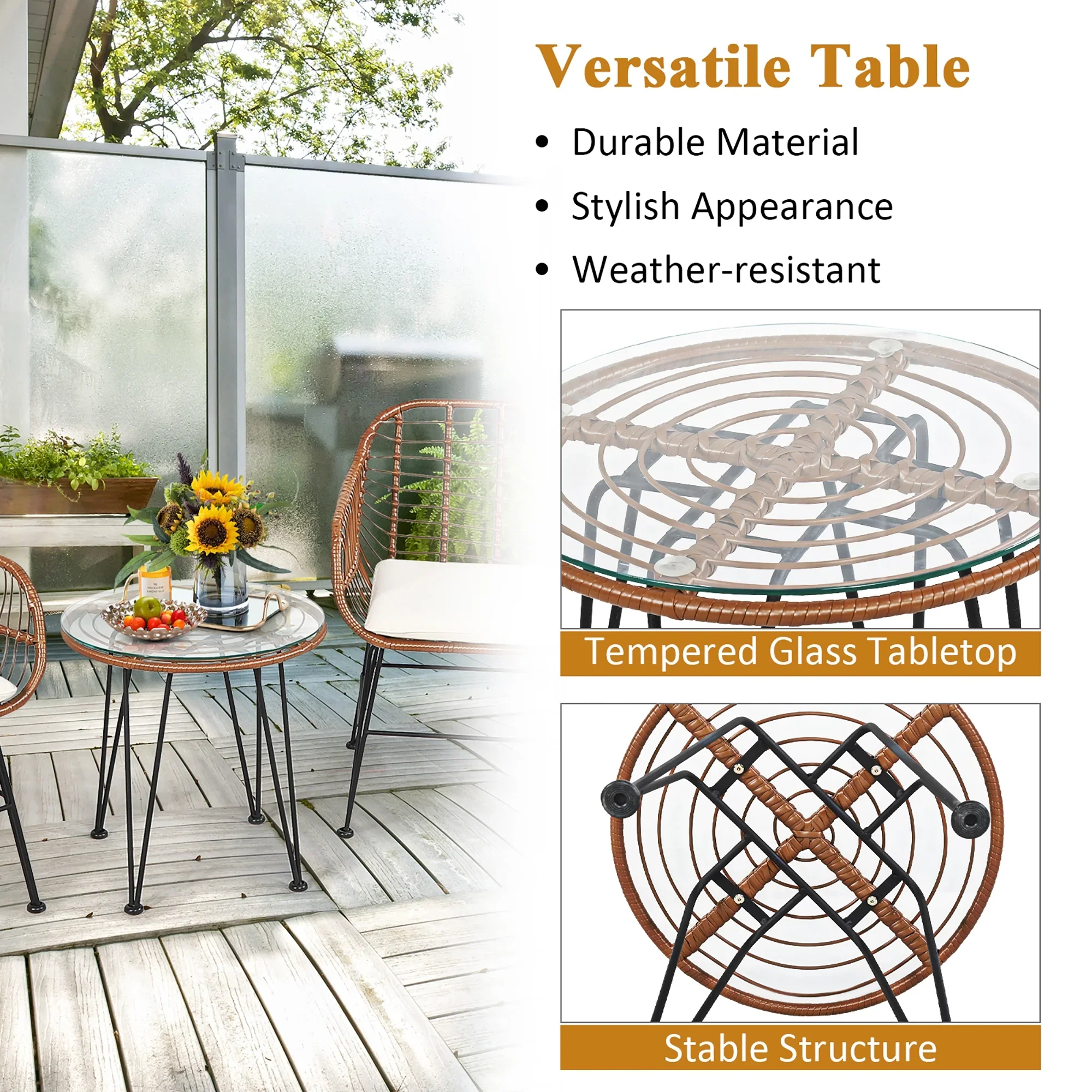 Costway 3PCS Patio Rattan Bistro Set Coffee Table Armchair Garden Red Cushion