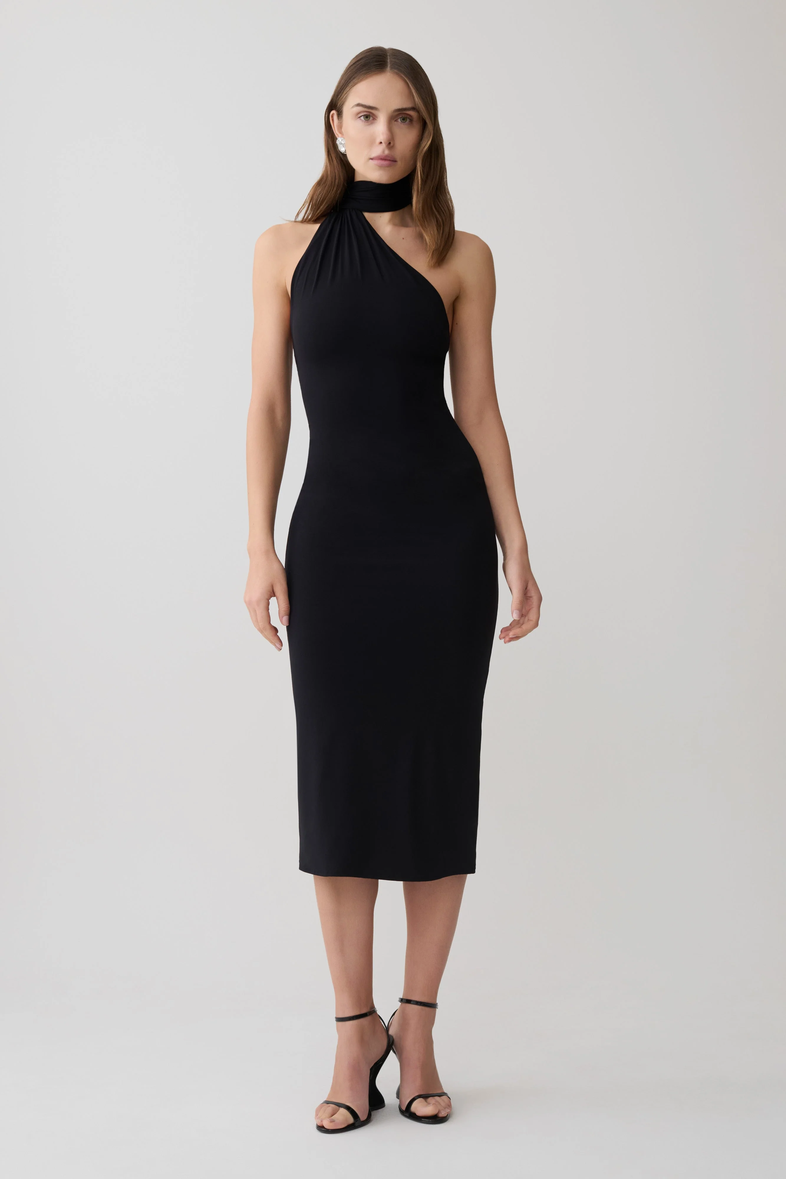 Jemma One Shoulder Tie Midi Dress - Black
