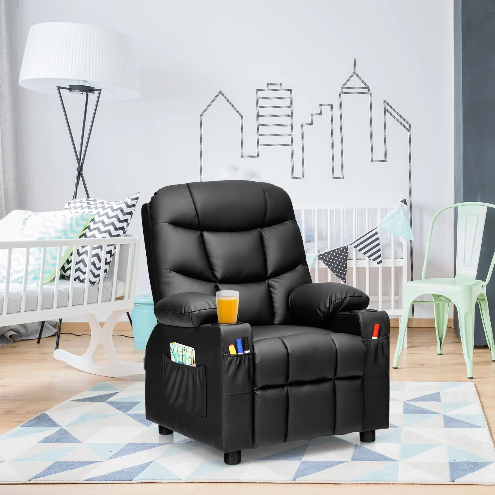 Infans Kids Youth Recliner Chair PU Leather W/Cup Holders & Side Pockets Black