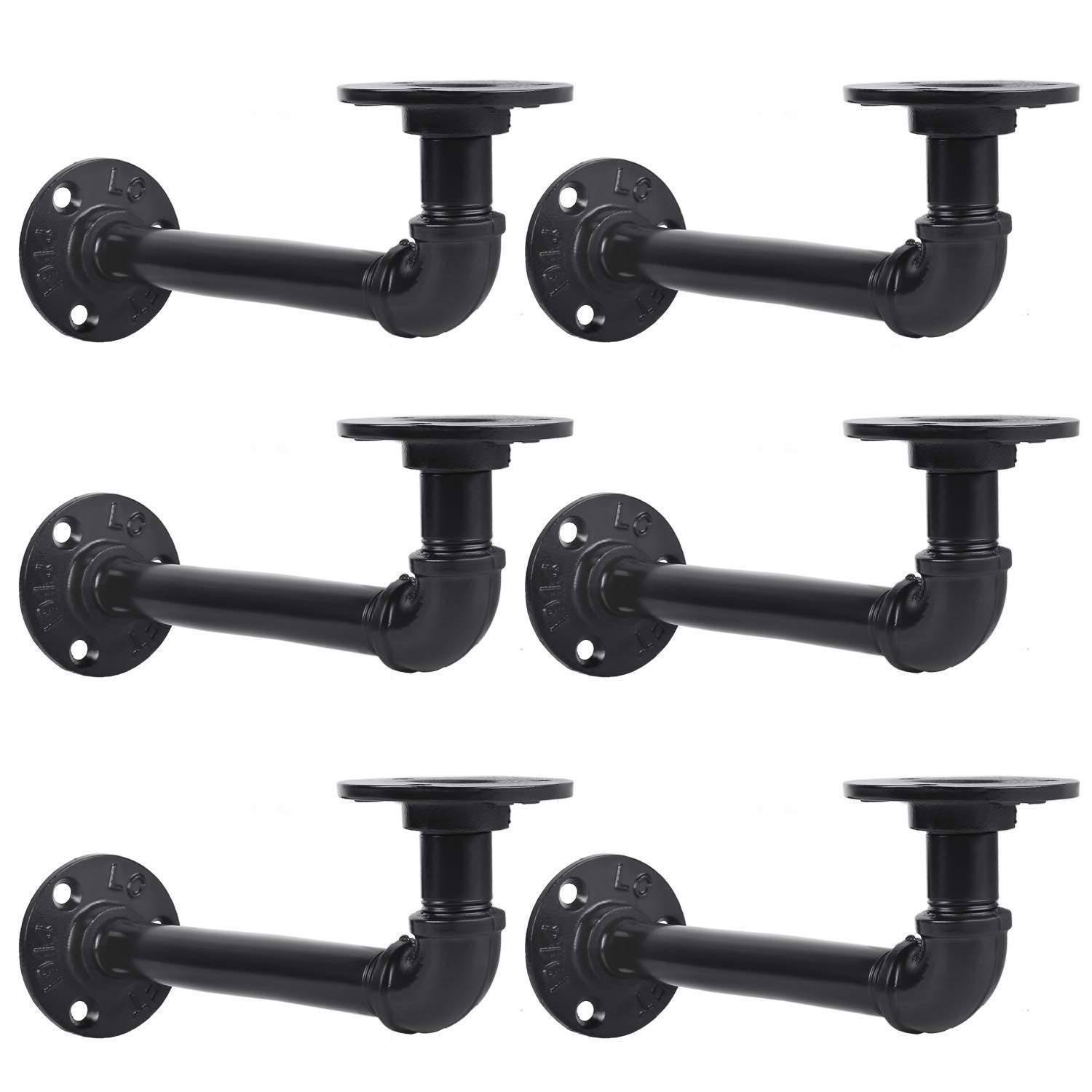 Pipe Shelf Brackets Set of 6(19x9cm) Equason Iron Pipe Brackets Industrial Pipe Shelving Brackets for Custom Floating Shelves DIY Rustic Shelf