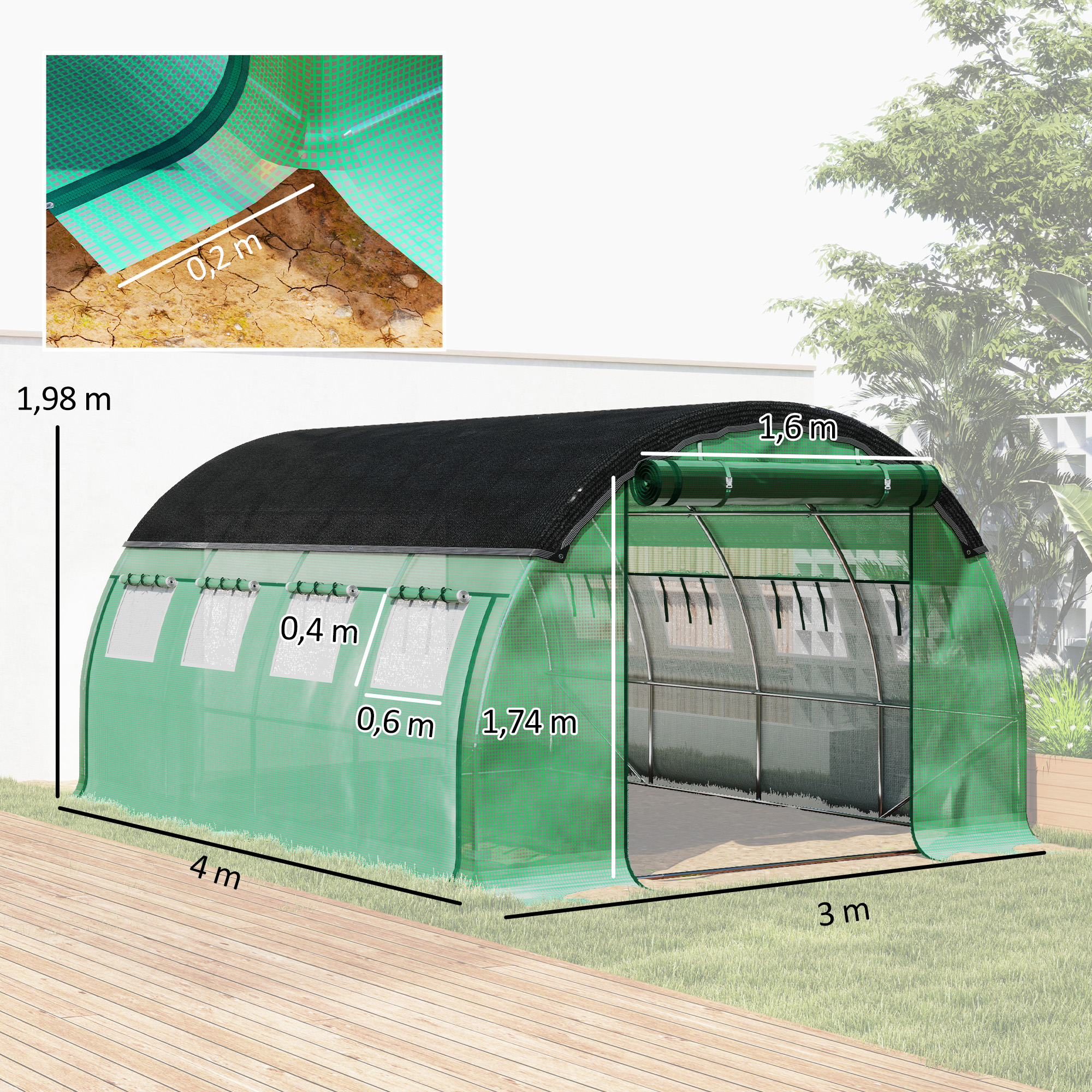 Outsunny 4 x 3 x 2 m Polykastunnel met Zonneschermnet, Oprolbare Zijwanden, Plastic Afdekking, Stalen Frame, Groen