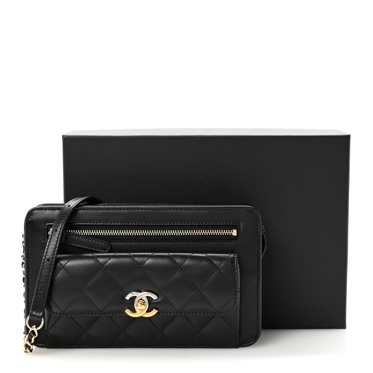 Lambskin Quilted Front Pocket Clutch With Chain Black