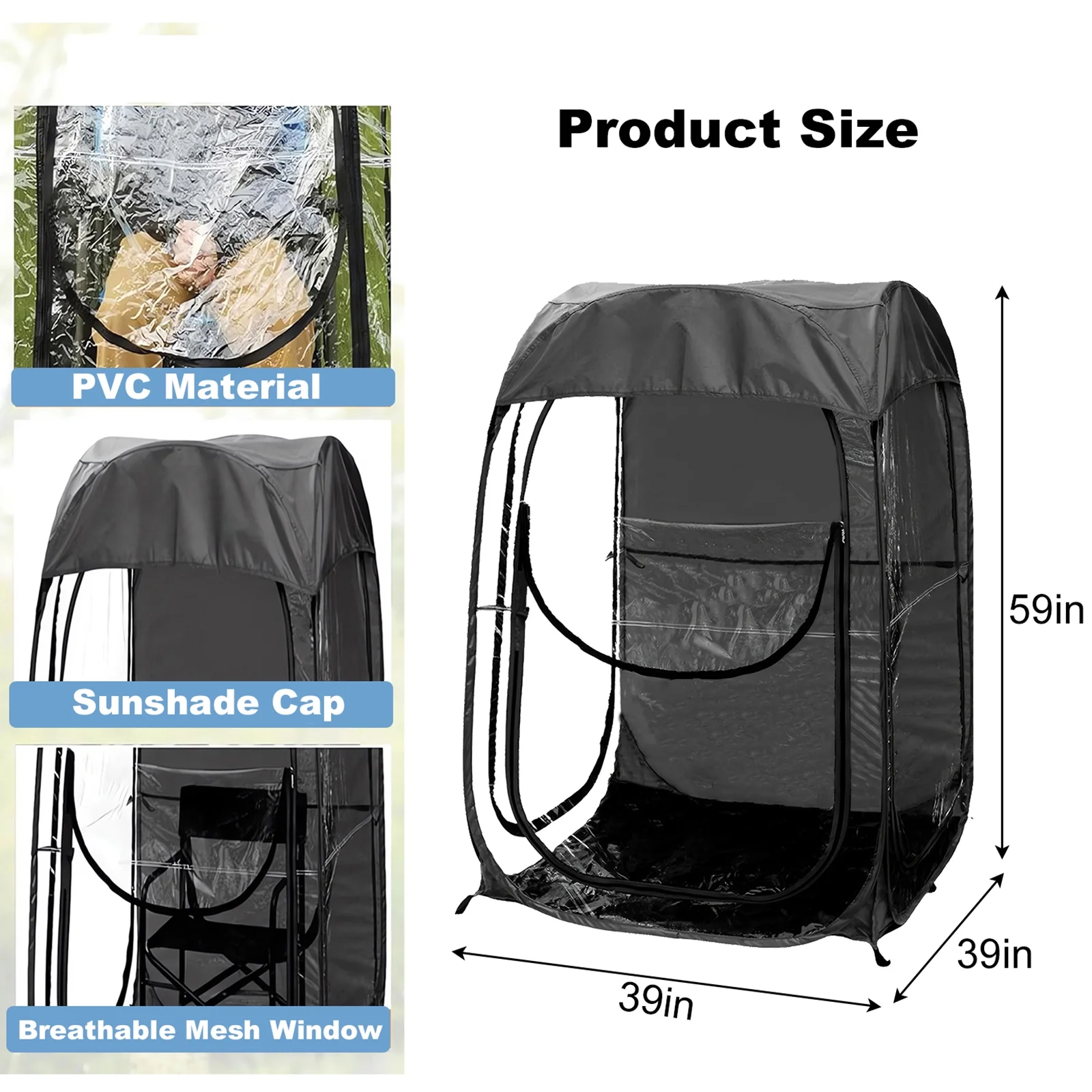 Portable Pop Up Tent, Instant Setup Sports Shelter for Camping/Fishing, Wind Rain Protection, Lightweight Compact Carry (21"), Black Image 3
