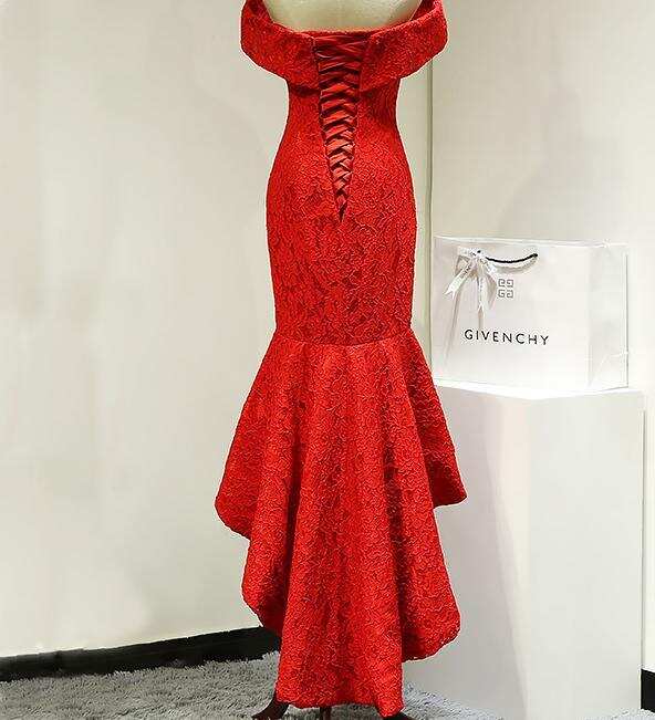 Red Long Lace Elegant Off Shoulder Mermaid High-Low Lace Up Prom Dresses DM484