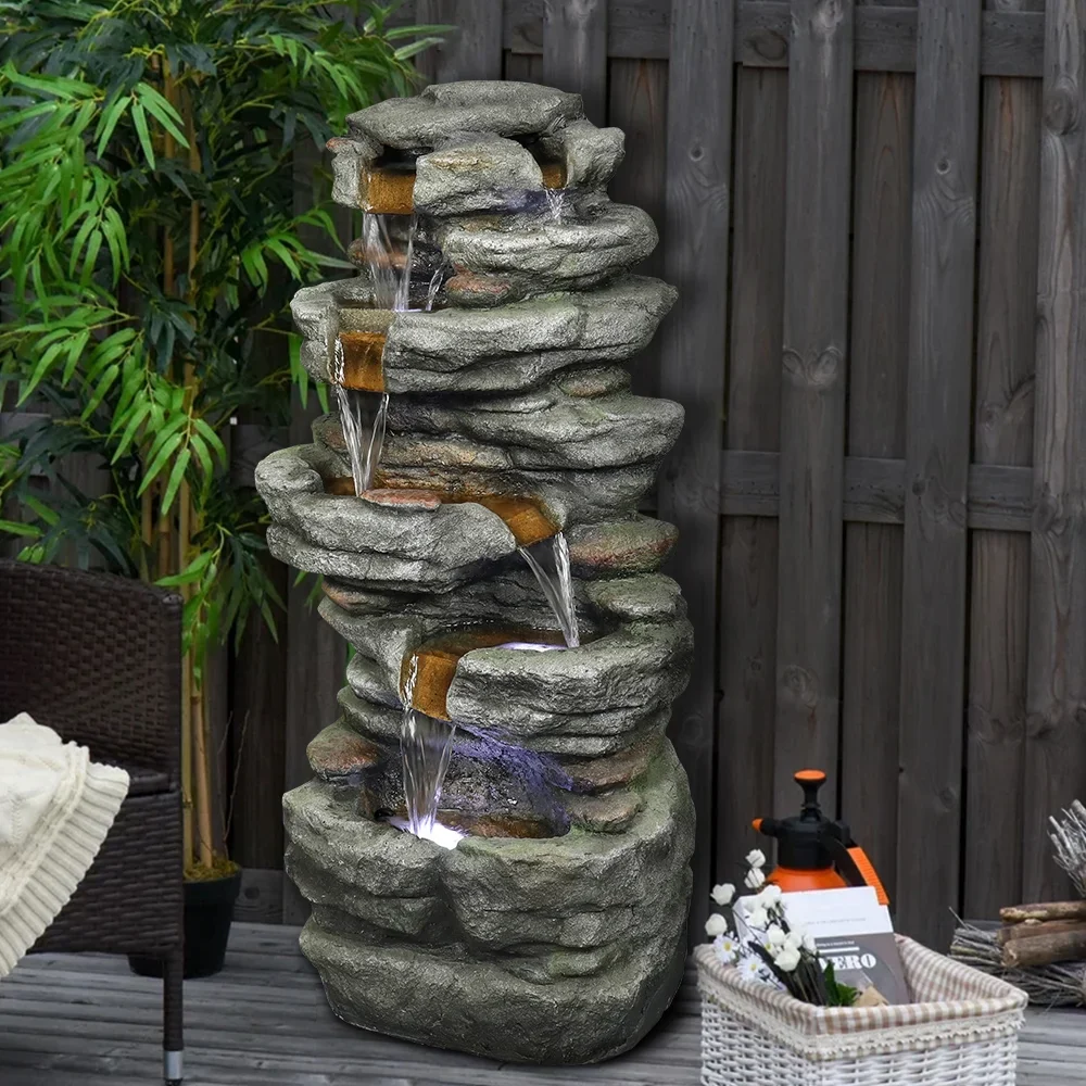 32.6-inch Rock Water Fountain with LED Lights Outdoor Waterfall for Garden and Patio Decor