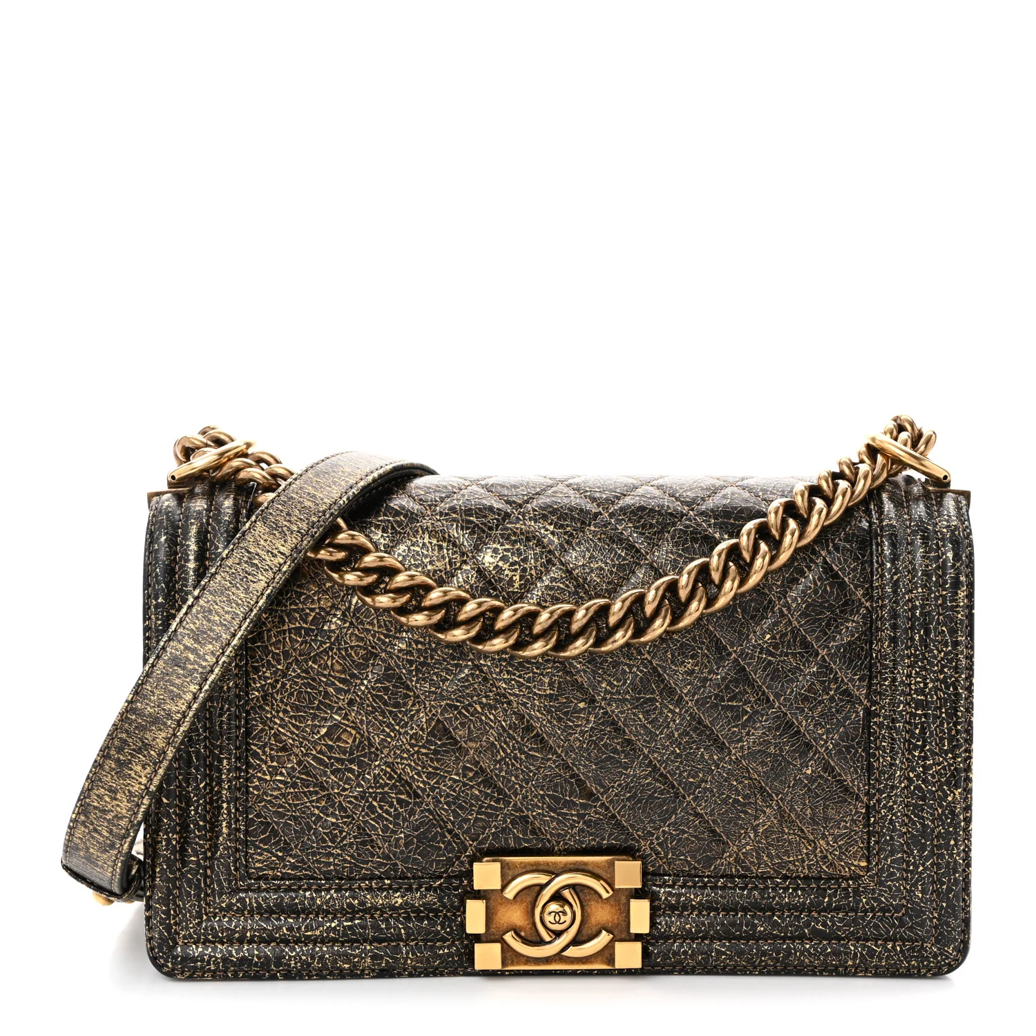Cracked Metallic Calfskin Quilted Medium Boy Flap Gold