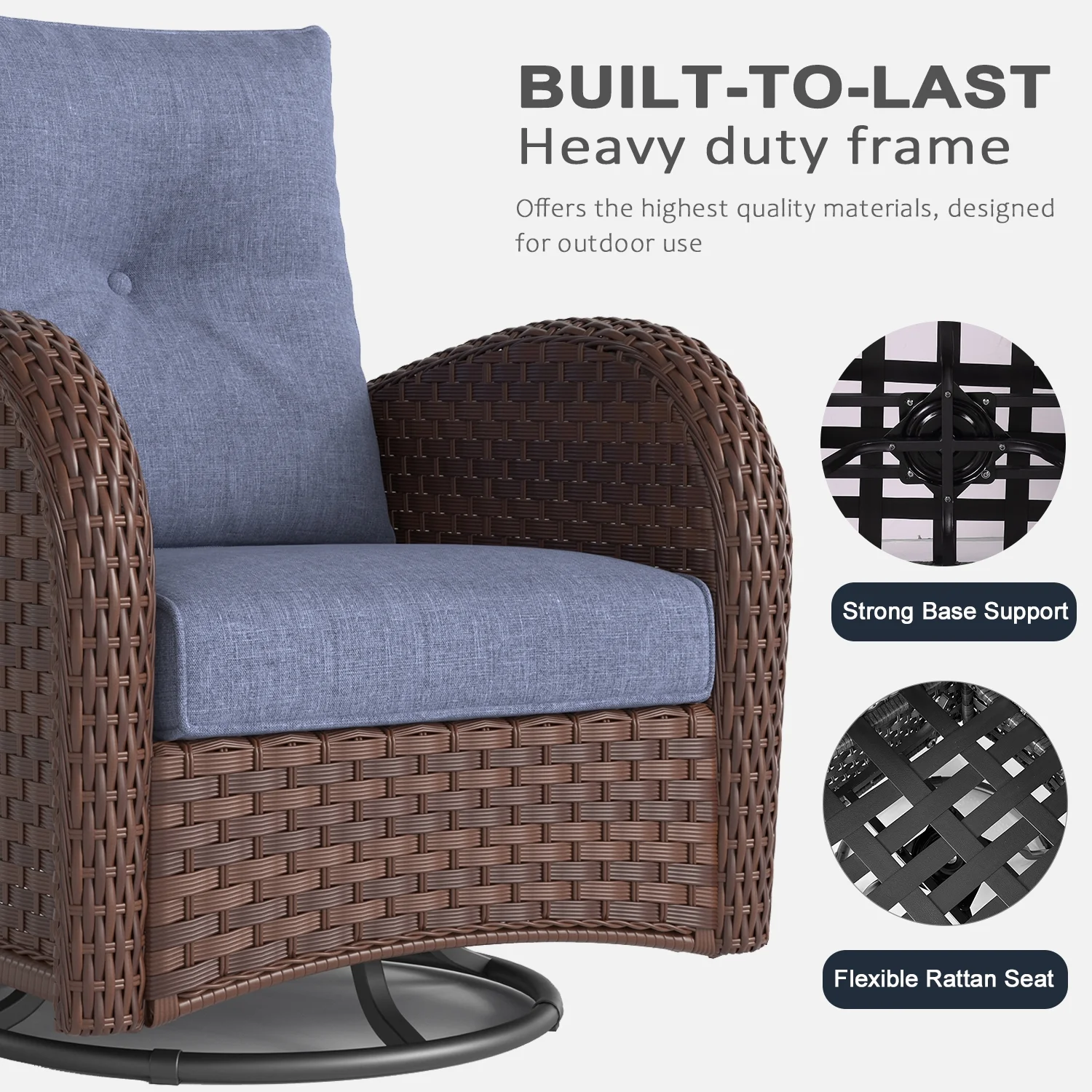 7 Pieces Outdoor Patio Furniture Set with Fire Pit Table, Rattan Wicker Sectional Swivel Rocker Chairs Sets(7 PCS 2*Swivel +Sofa+Fire Pit+2*Ottoman+Table/Brown /Navy Blue) Image 7