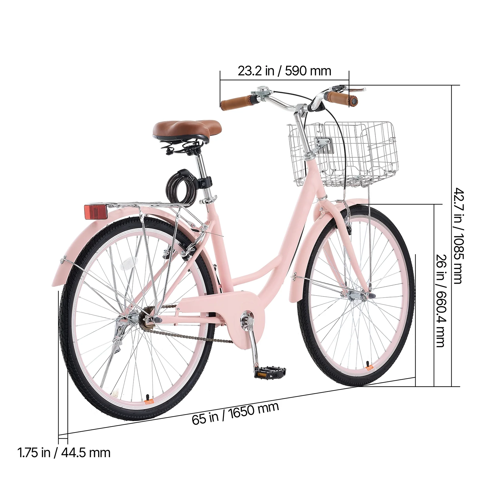 26" Cruiser Bike, Single Speed,Rose-Colored Seaside Cycling Bike with Spacious Basket and Back Stand, Reliable Robust Leisure Bicycle with Modifiable Saddle - Image 4