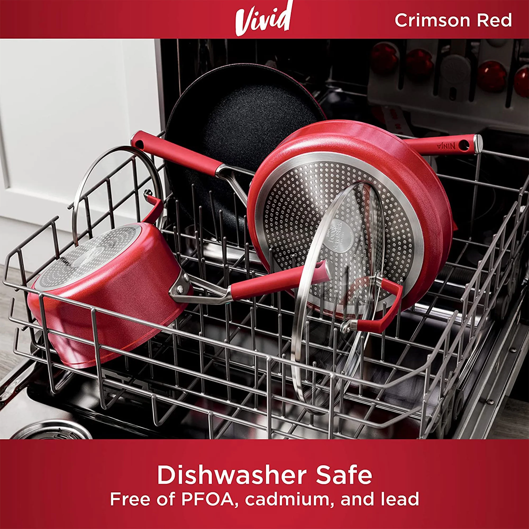 Foodi NeverStick Vivid Oven Safe 10 Piece Pots and Pans Cookware Set(Red) - Image 9