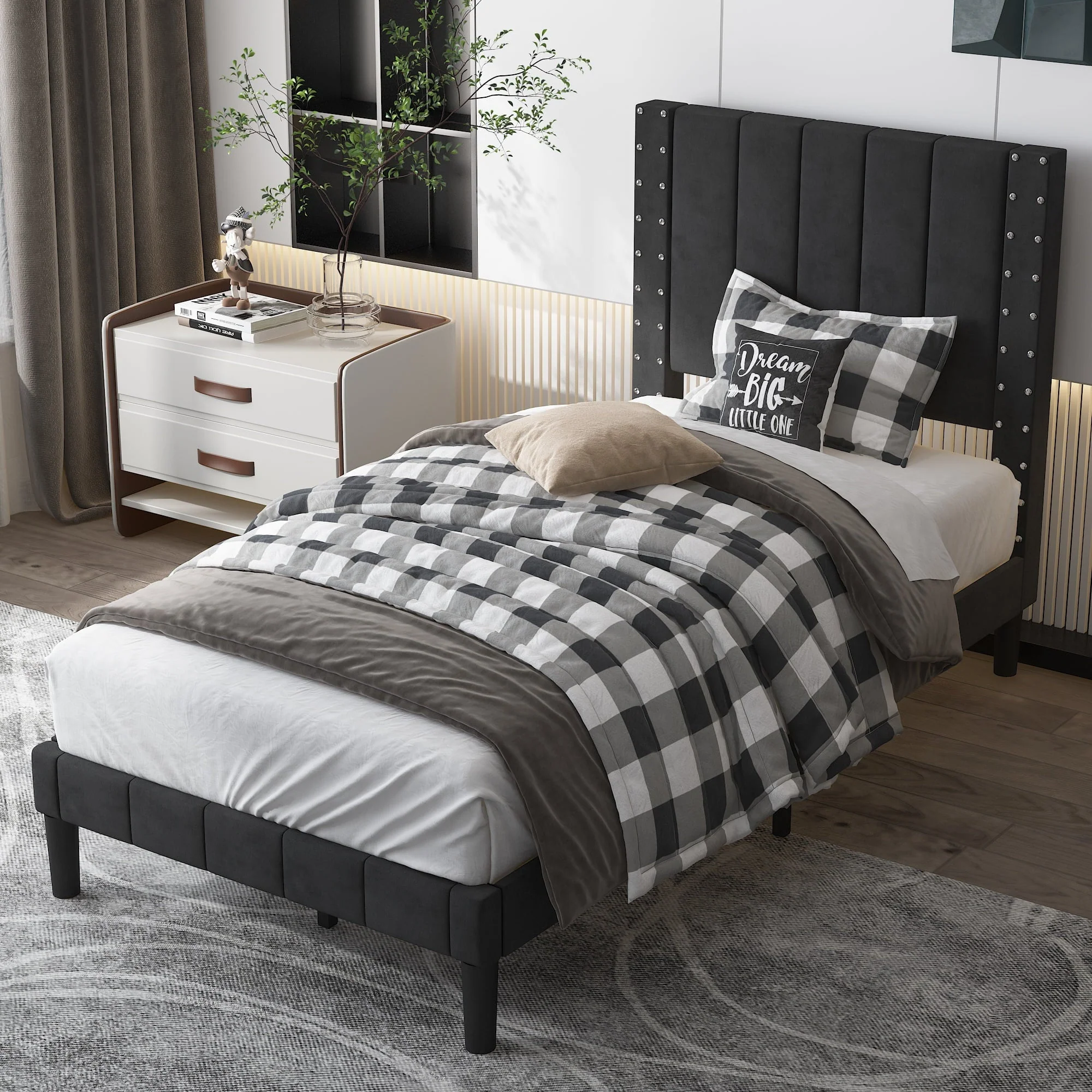 BTMWAY Twin Size Bed Frame, Upholstered Fabric Platform Bed with Riveted Decorative Headboard, No Box Spring Needed, Twin Bed Frame for Kids Teens Adults, 500lbs Capacity, Easy Assembly, Black(Twin/Beige)
