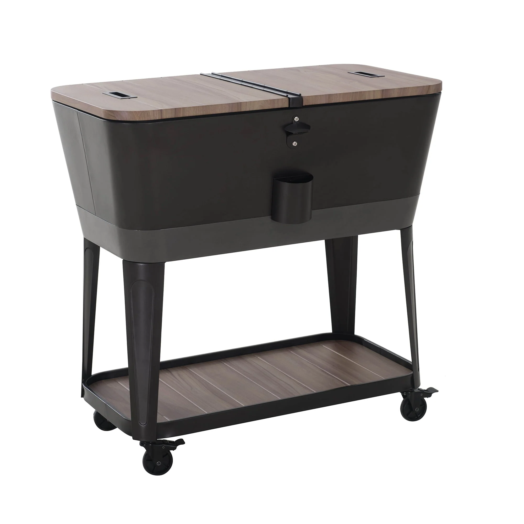 Sunjoy 80 Quart Wood Grain Finish Metal Rolling Ice Chest Cooler Cart with Storage Shelf, Steel Bottle Opener, and Lockable Wheels, Bronze(Bronze) Image 4