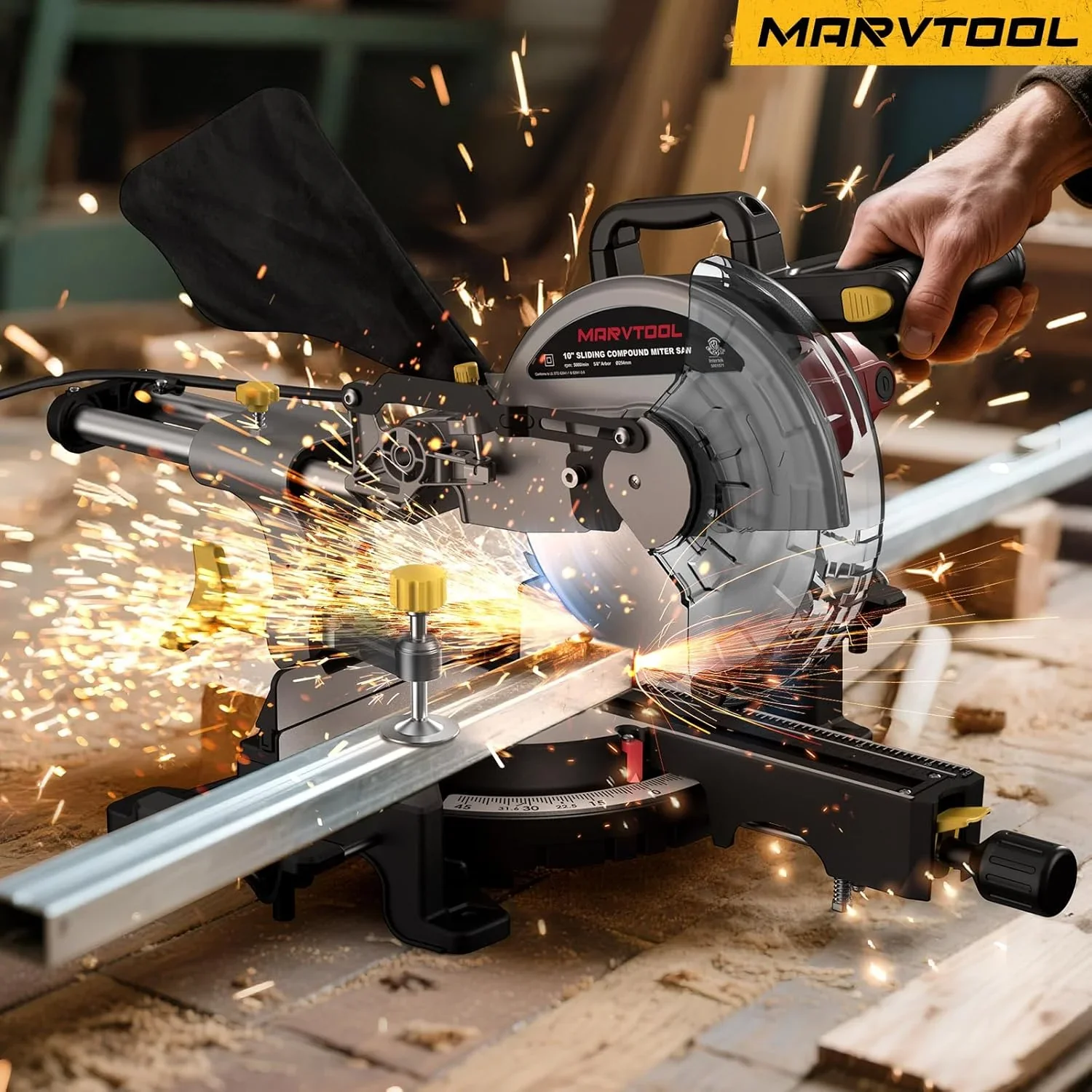 MarvTool 10-inch Sliding Compound Miter Saw Single Bevel 0-45�� with Extension Table 36T Blade