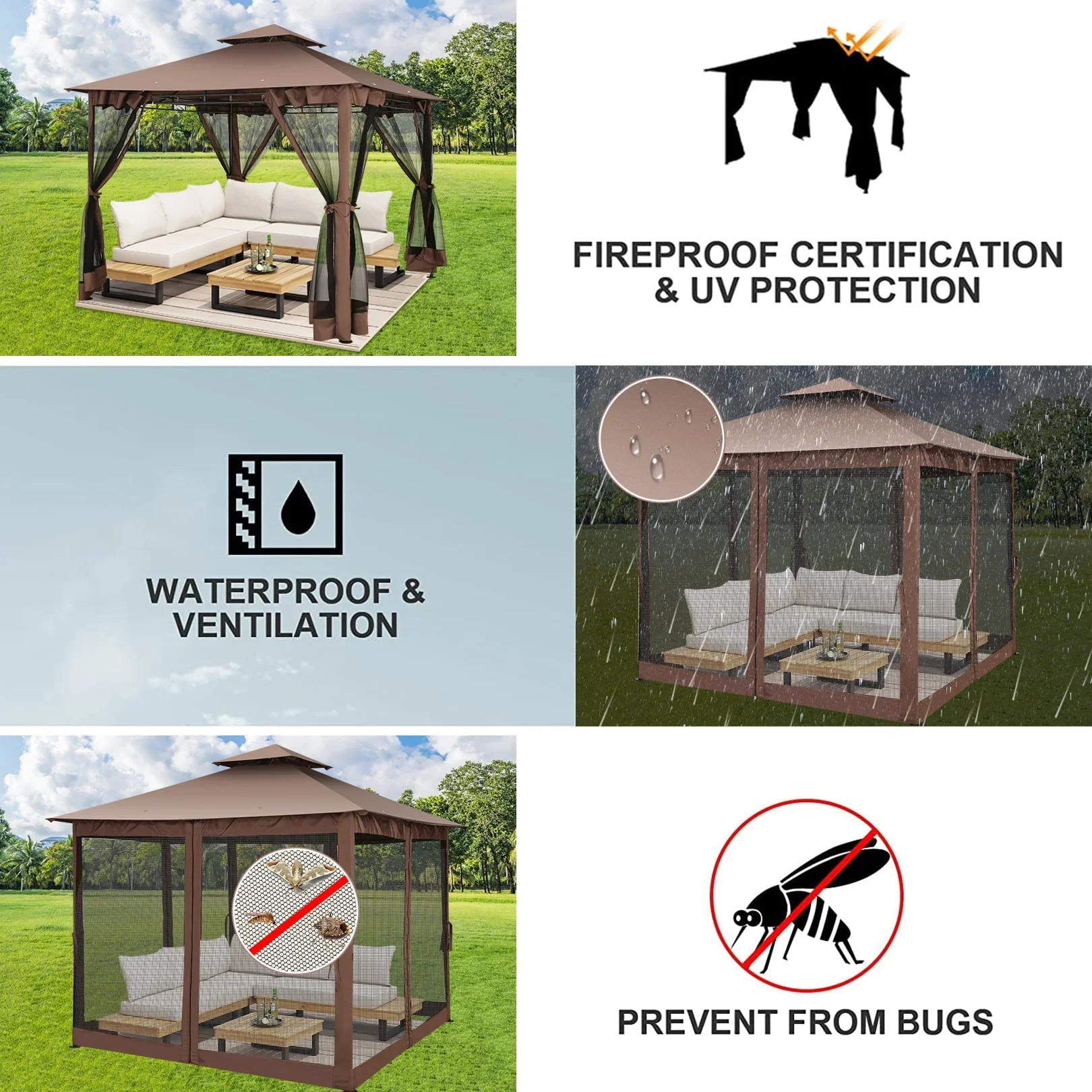 SANOPY 10' x10' Canopy Gazebo, Assembled Style Wrought Iron Gazebo Tent Can Accommodate 6-10 People with 4 Detachable Mosquito Net Side Walls, Rainproof&Sunproof Canopy Tent For Garden, Yard, Beach