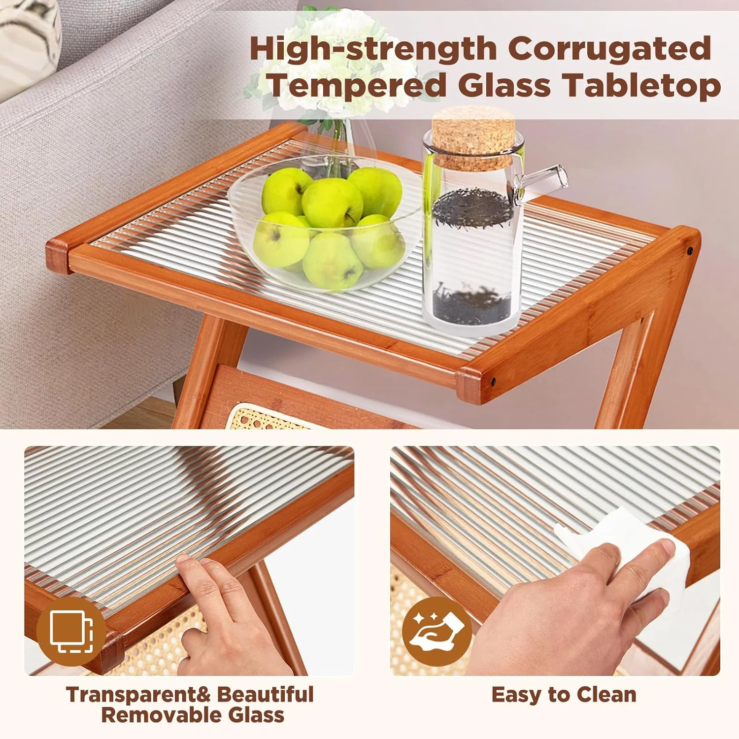 AECOJOY Rattan Side Table Set of 2, Rattan End Table Z-Shaped Boho Nightstand with Glass-top