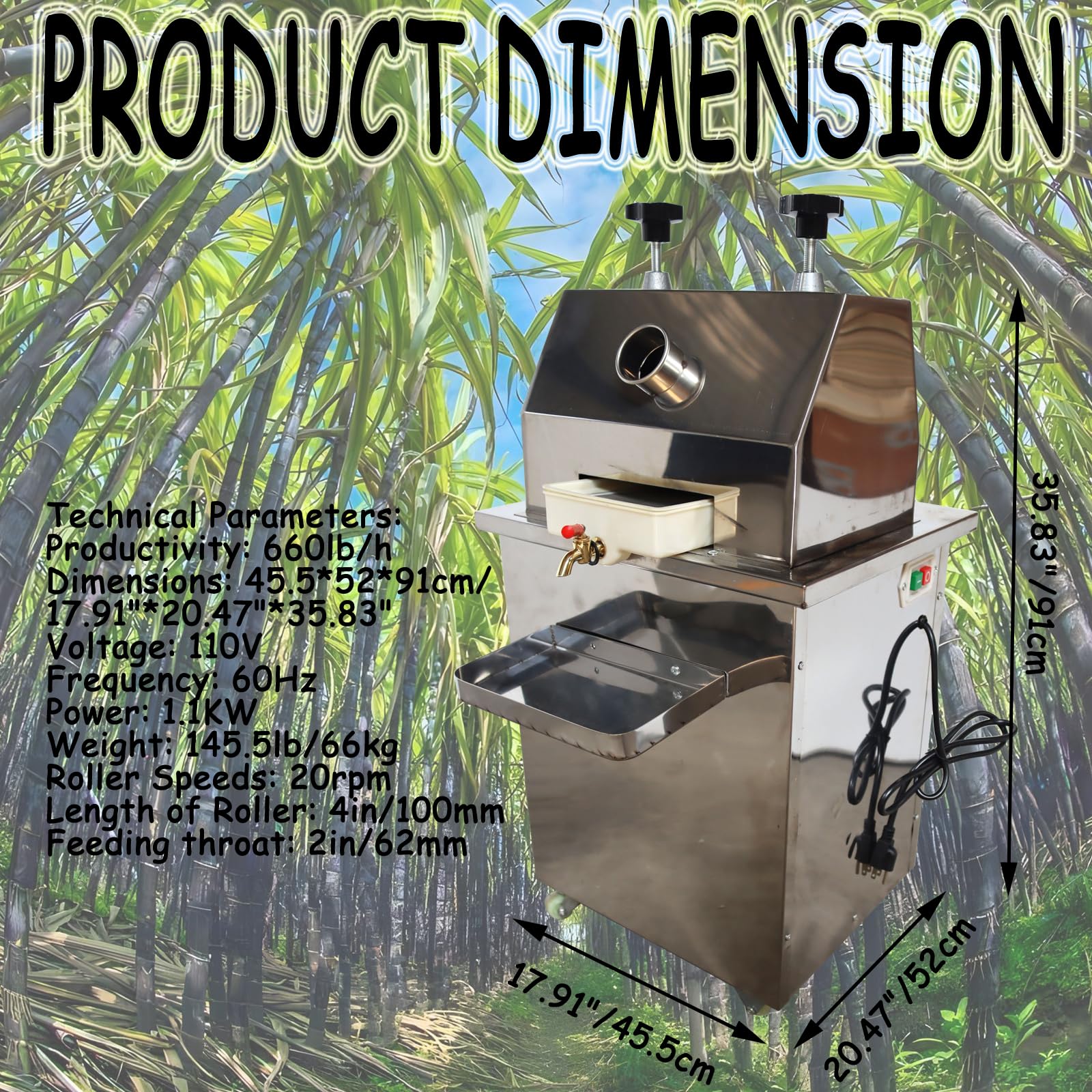 Electric Sugarcane Press Juicer, Stainless Steel 3-Roller Vertical Sugar Cane Juicing Machine with Adjustable Knob and Steel Tray for Home & Commercial, 110V 1100W