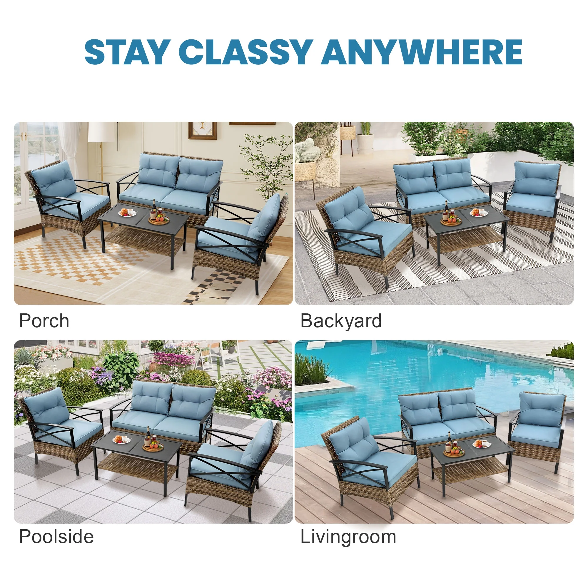Heavy-duty Patio Furniture Set, 4 Piece Outdoor Sectional Conversation Sets, BrownPE Rattan Patio Sofa Set with Blue Cushions(Luxury-Blue) - Image 10