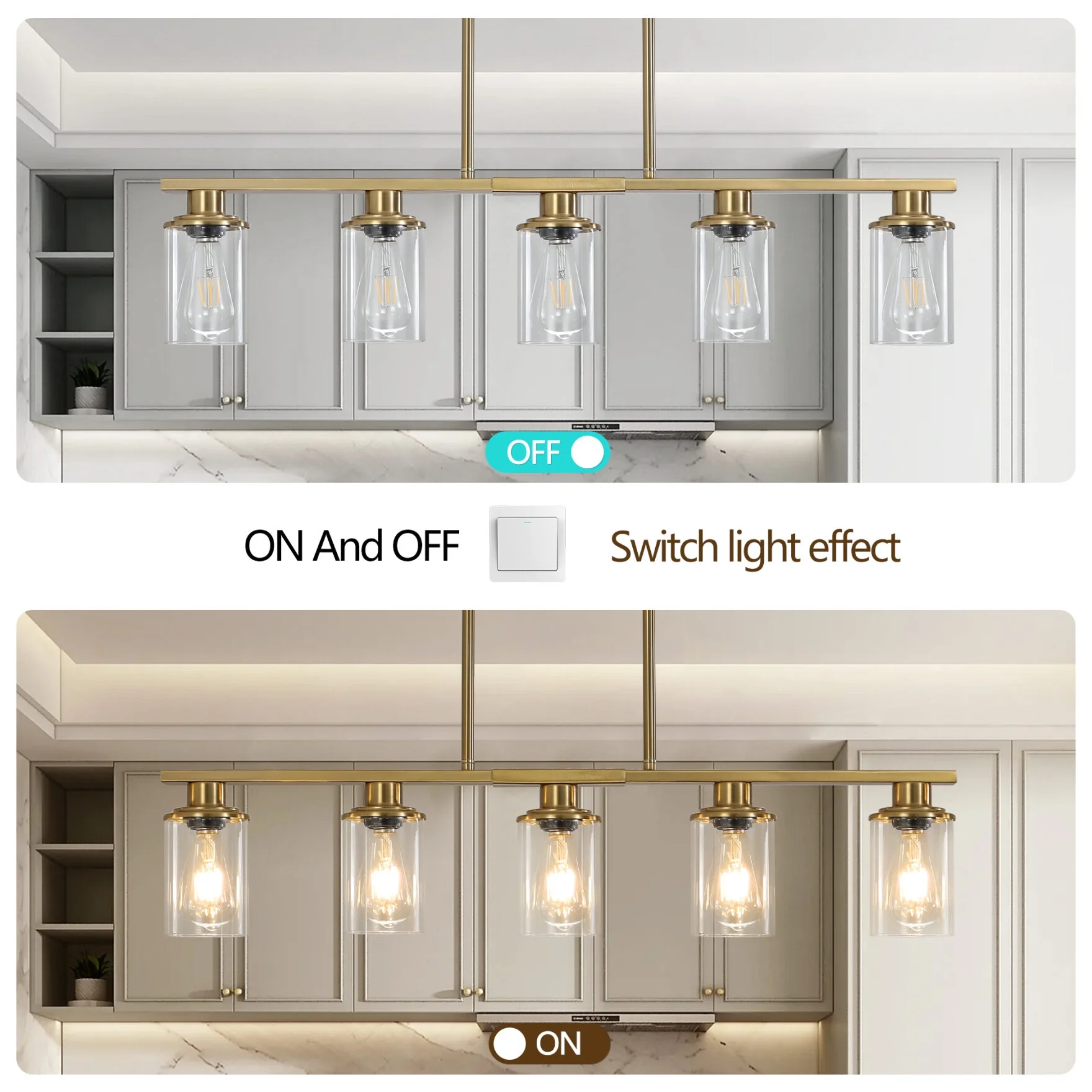 5-Light Kitchen Island Pendant Light, Farmhouse Industrial Chandeliers with Two Metal Rod Supports, Rectangular Island Lights for Kitchen, Living Room, Walnut/Black
