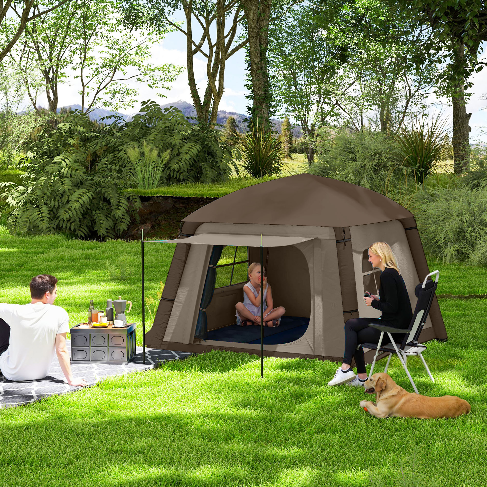 Outsunny Opblaasbare Campingtent voor 1-2 Personen Outdoor Familie Tent met Haak, Luchtpomp, Vensters en Deuren voor 4 Seizoenen