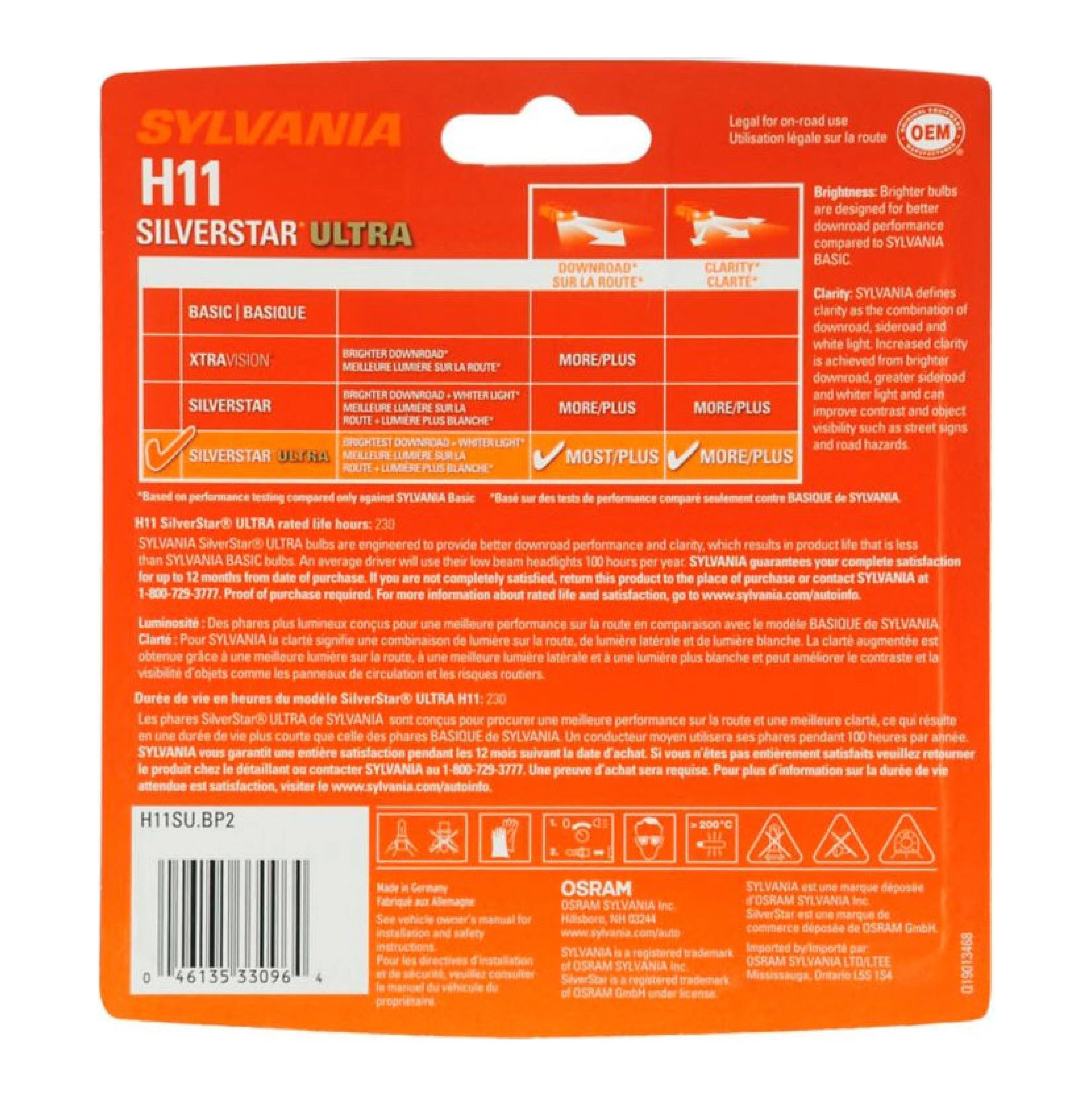 Sylvania H11 Silverstar Ultra Halogen Headlight Bulb, Pack of 2