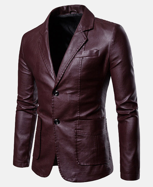Blazer en cuir basique à col à revers et deux boutons