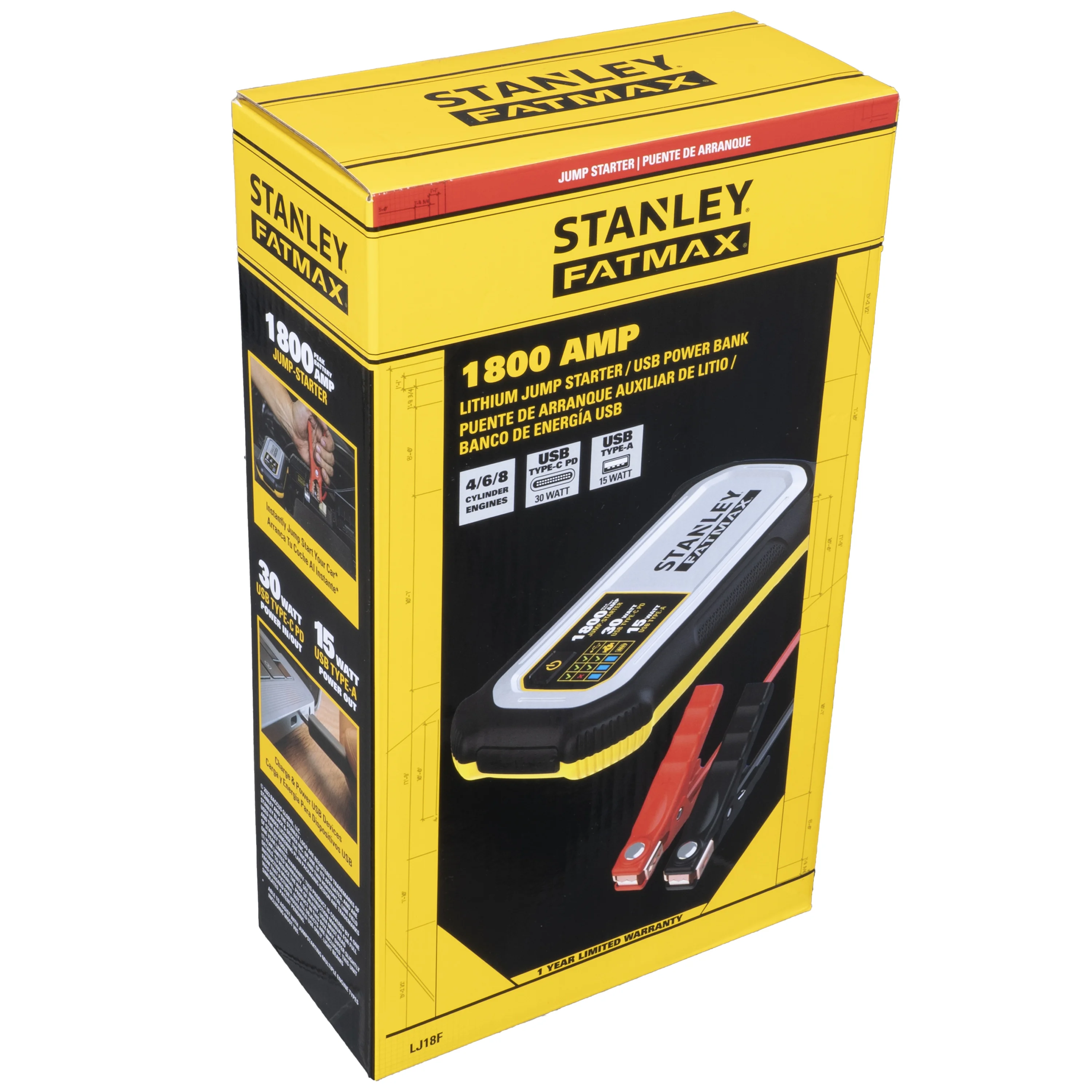 Stanley Fatmax 1800A Lithium Jump Starter with 30W USB - C - PD in/Out and 15W USB - A Out, Includes Clamps