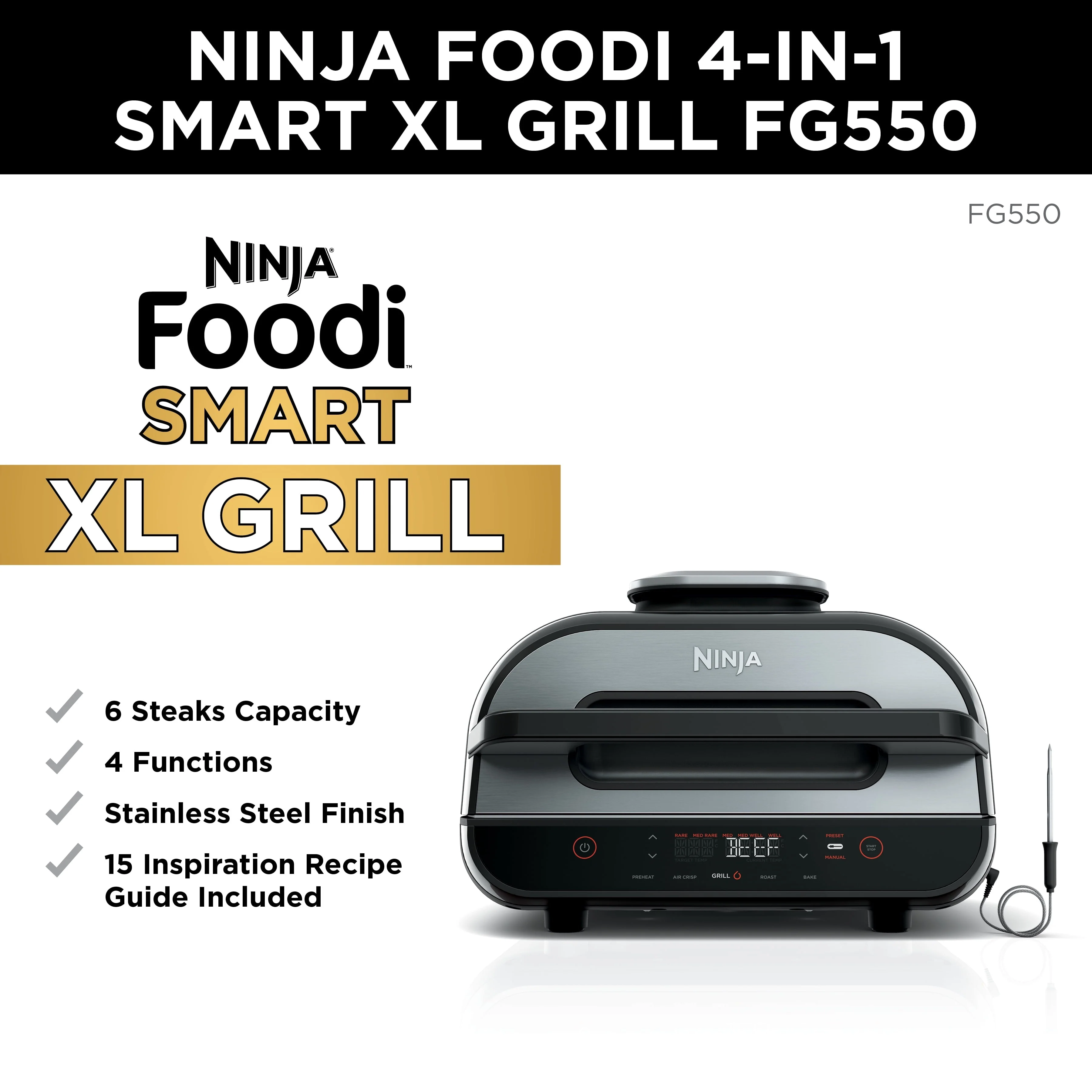 Foodi Smart XL 4 - in - 1 Indoor Grill with 4 - Quart Air Fryer, Roast, Bake, and Smart Cook System, FG550