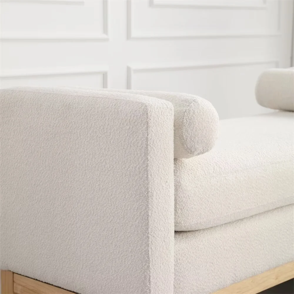 End of Bed Bench, 53.5" Boucle Fabric Upholstered Entryway Bench with Wood Legs Bolster Pillows, Rolled Arm Cushioned Ottoman Foot Rest Long Stool Window Extra Seating for Bedroom, Ivory(Ivory) - Image 6