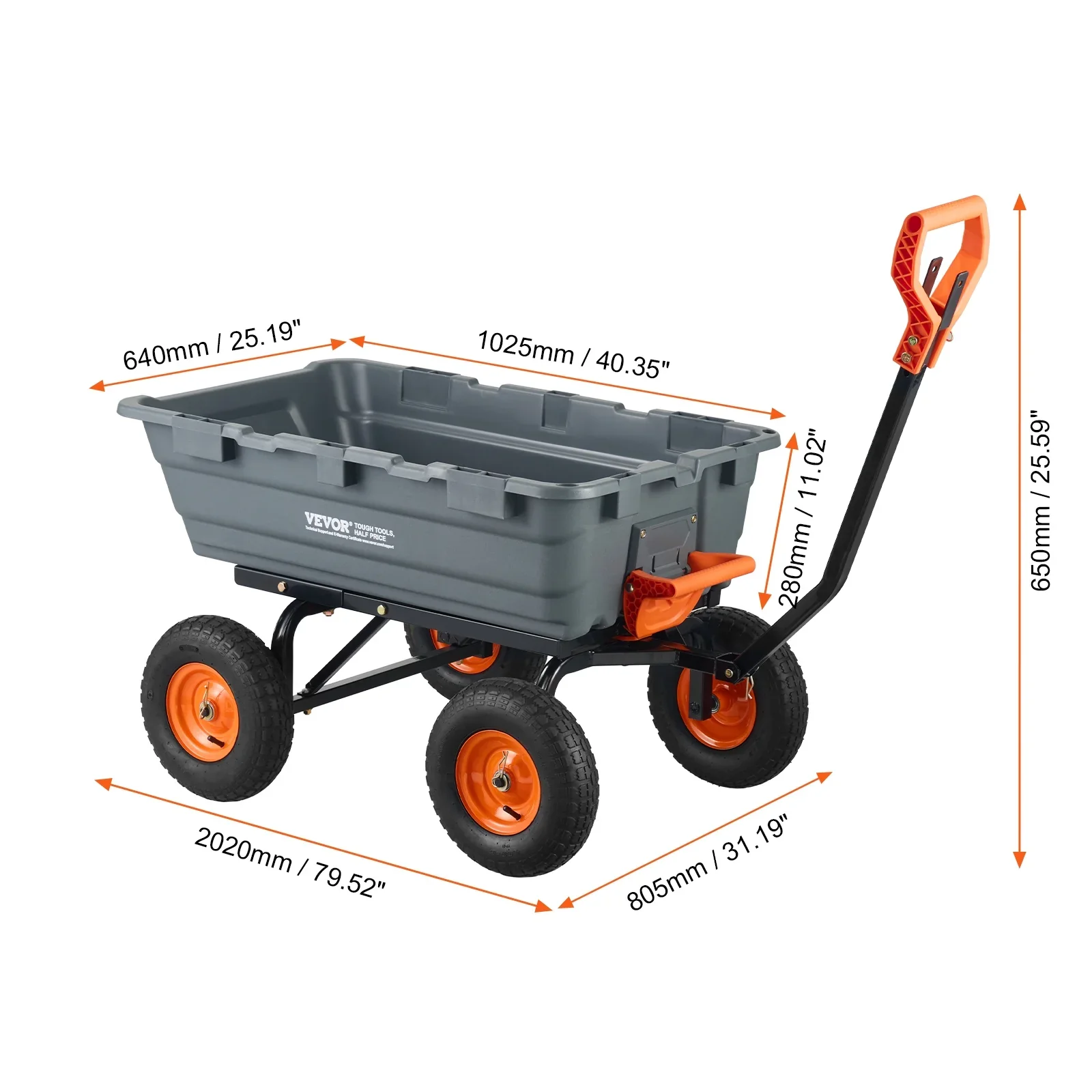 VEVOR Garden Cart, Durable Poly Dump Cart with Simple Assembly Steel Frame, Versatile Dump Wagon with Dual-Function Handle, 6.48 cu.ft Utility Barrow 1200 lbs Load, 13 inch Wheels