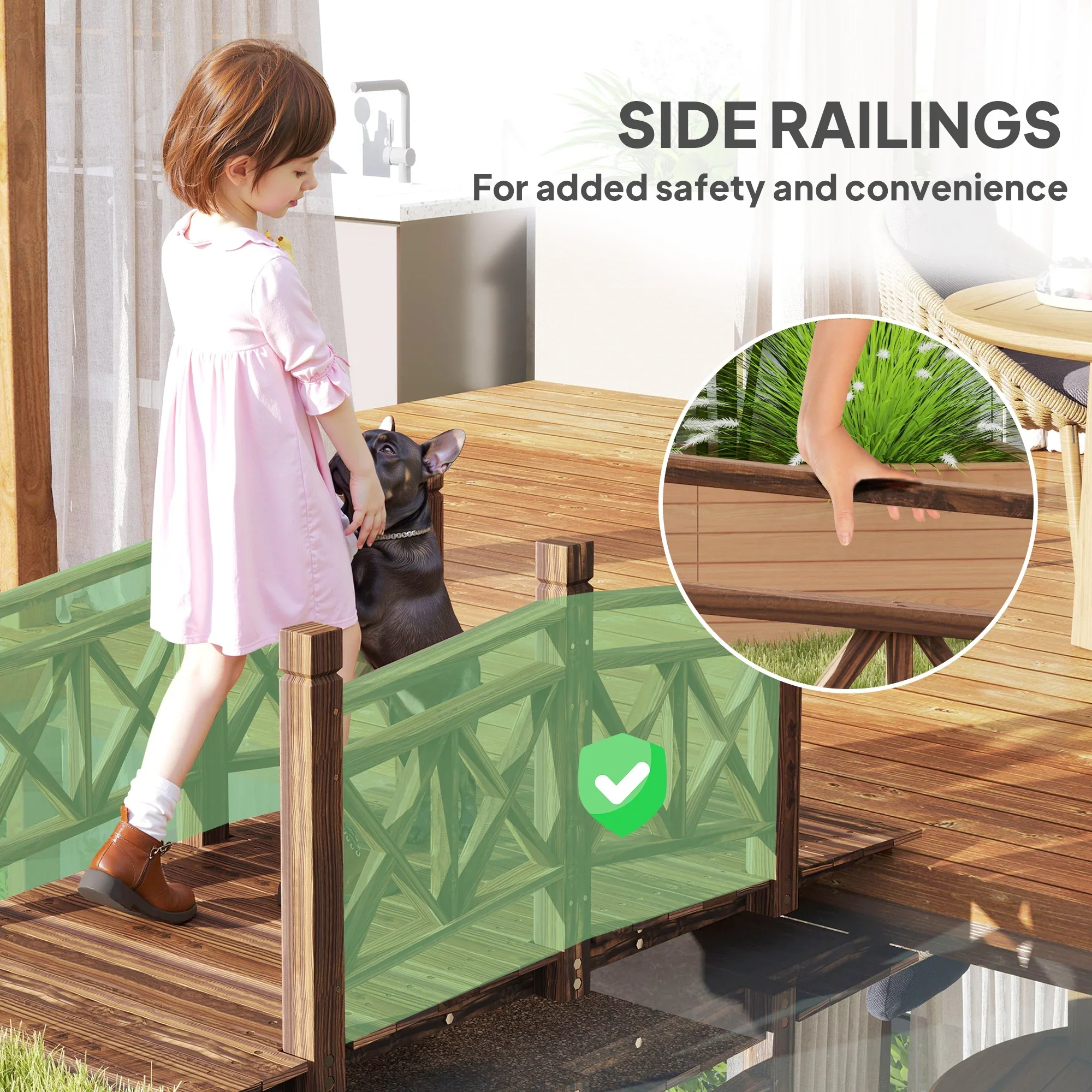 QISHENSHUI 5 ft. Sturdy Natural Wood Garden Bridge �C Premium Timber Construction with Solid Safety Handrails for Backyard Paths, Small Ponds & Garden Water Features, Carbonized