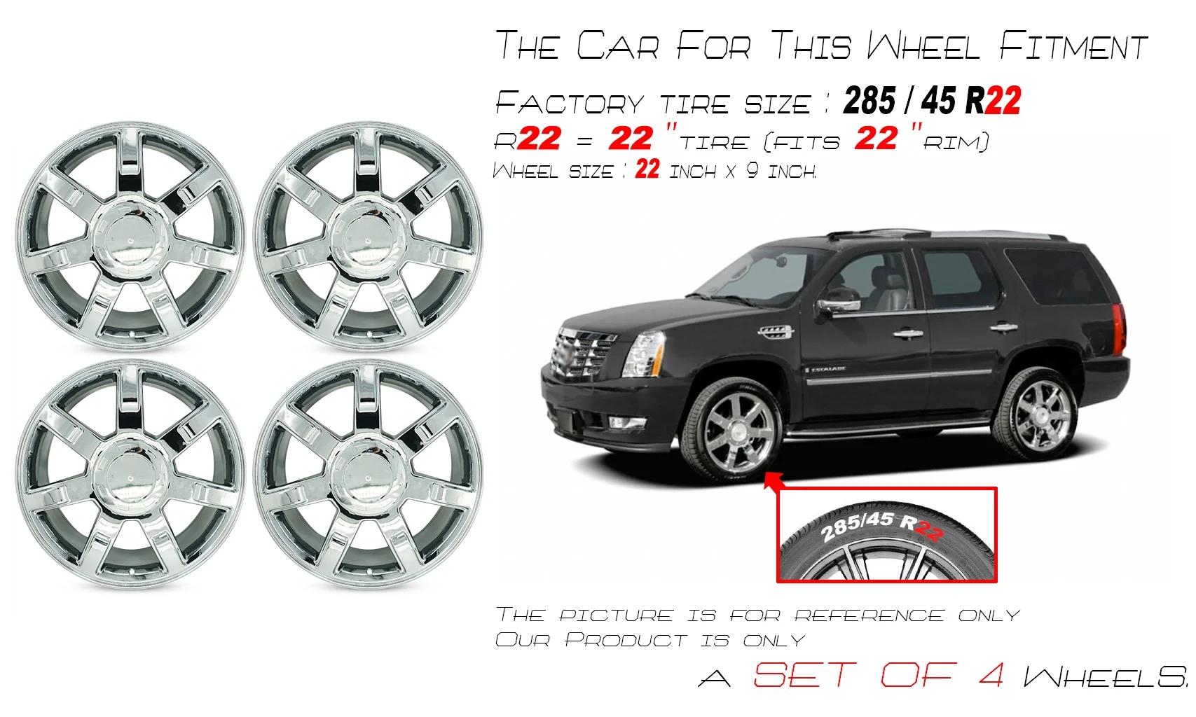 Set of 4 New 22" 22x9 Chrome Alloy Wheels for 2007-2014 Cadillac Escalade ESV EXT OEM Design Replacement Rim - Image 2