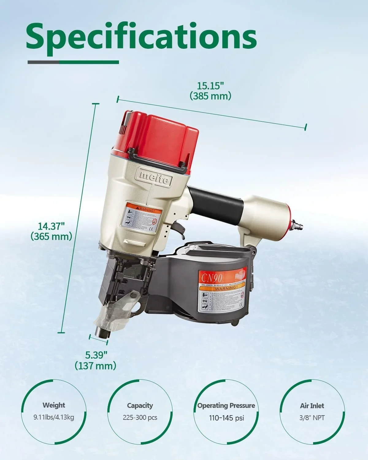 MEITE CN90  Industrial Coil Siding Nailer 15 Degree 2-1/4 to 3-1/2 Pneumatic Coil Nail Gun with Aluminum Housing