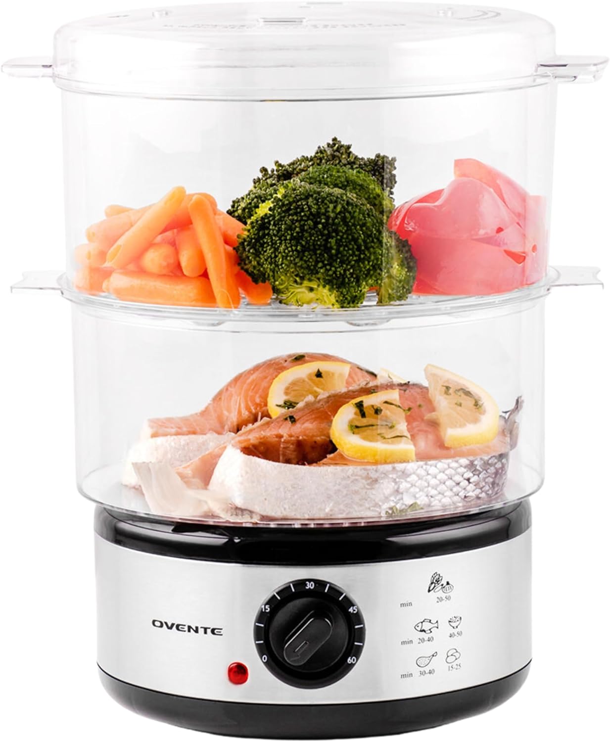 OVENTE 2 Tier Electric Food Steamer for Cooking Vegetables, Stainless Steel Base, Stackable and Dishwasher Safe Baskets, 400W with Auto Shutoff and 60-Minute Timer, 5 Quart Capacity, Silver FS62S