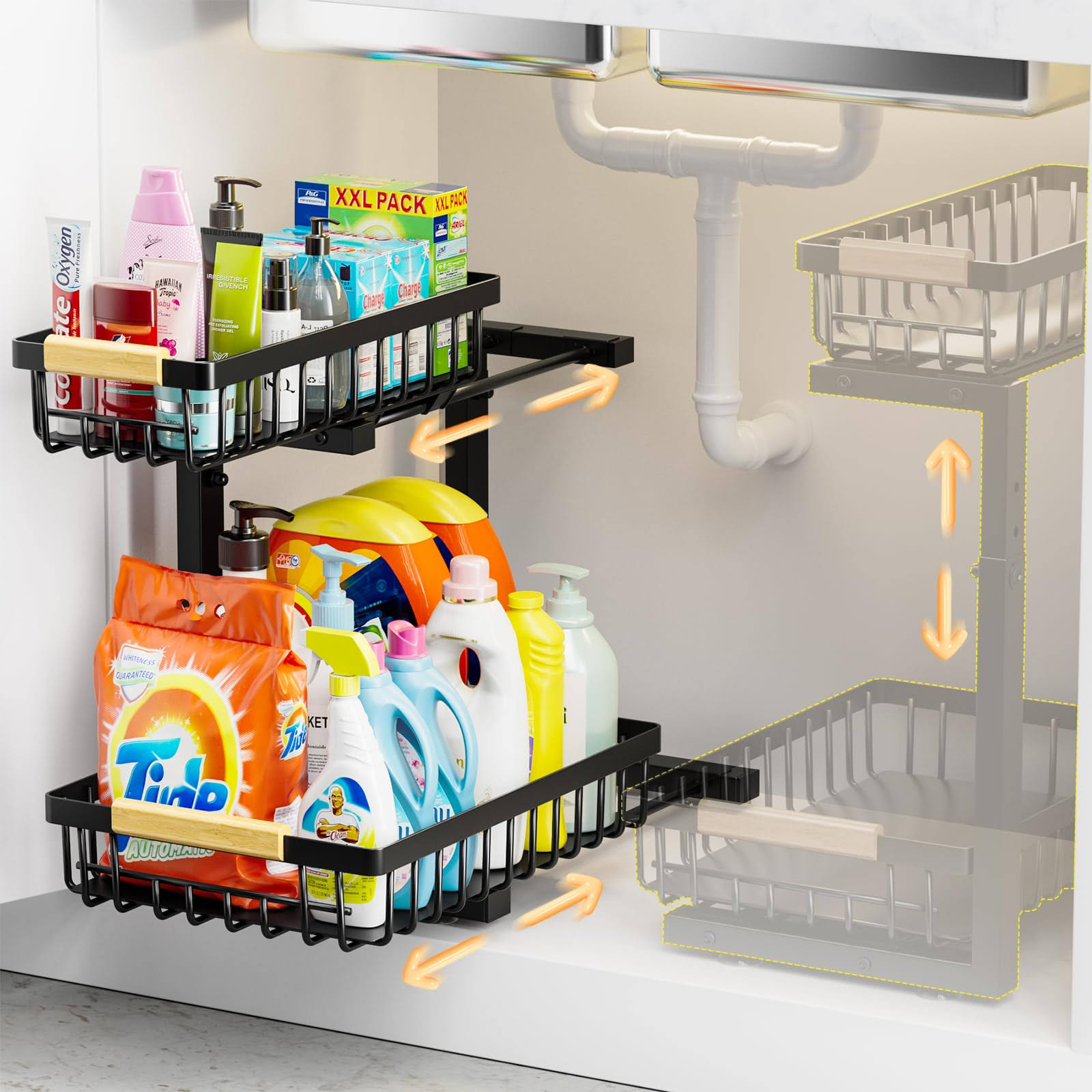 OPPKOUT Under Sink Organizer, Pull Out Cabinet Organizer 2-Tier Slide Out Sliding Shelf Under Cabinet Storage Multi-Use, Multi-Use Under Kitchen