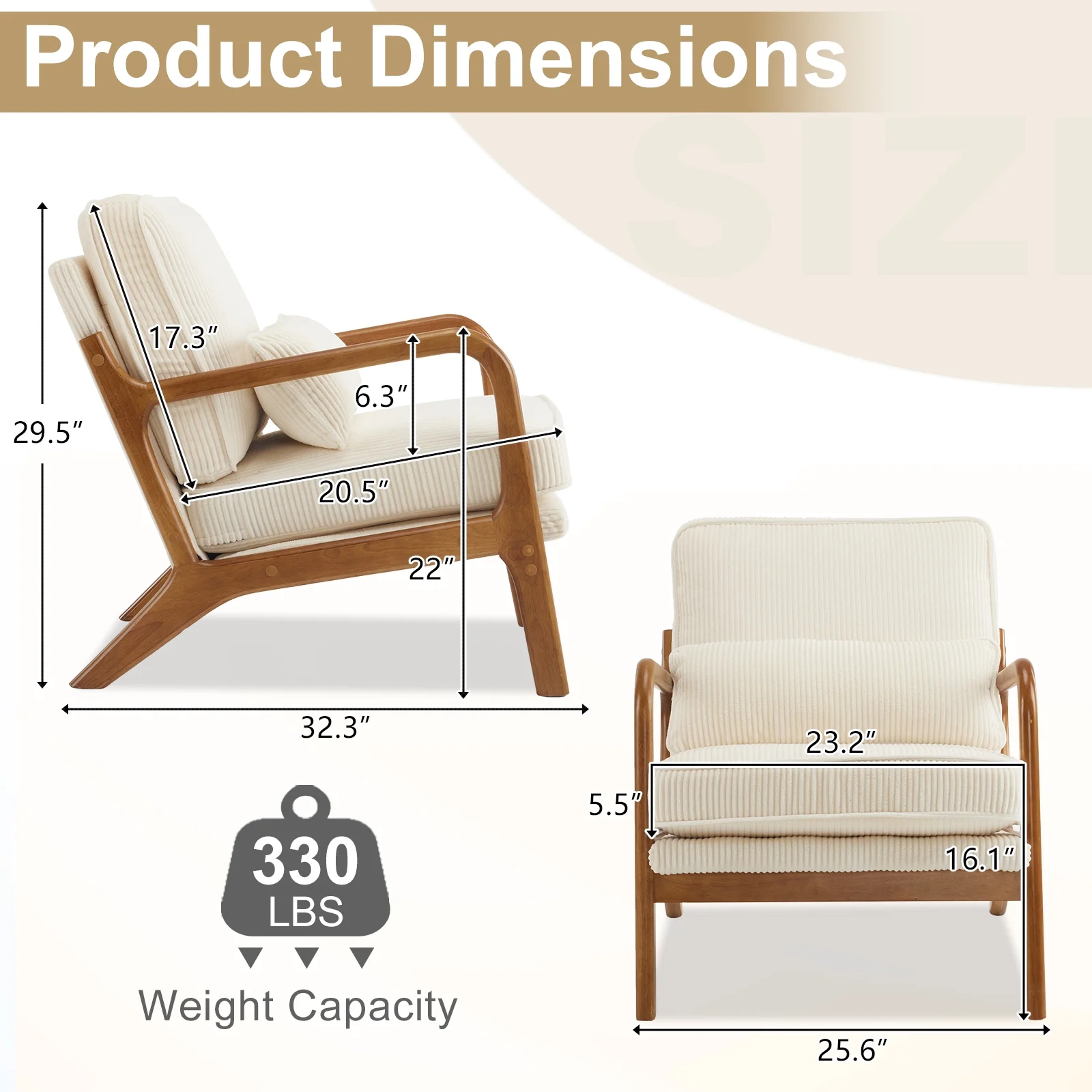 Accent Chair Corduroy Upholstered Armchair, Reading Club Chair with Pillow and Solid Wood Frame for Living Room Bedroom Furniture Off White(Off White-Corduroy) - Image 4