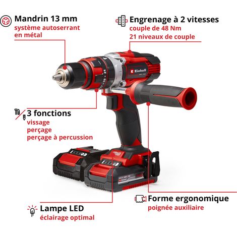 Einhell Perceuse Visseuse à percussion sans fil TE-CD 18/48 Li-i (2 x 2,0 Ah) PXC (Li-ion, 18V, Couple 48 Nm) Livré avec 2 Batteries 2,0Ah et Chargeur — vue 2