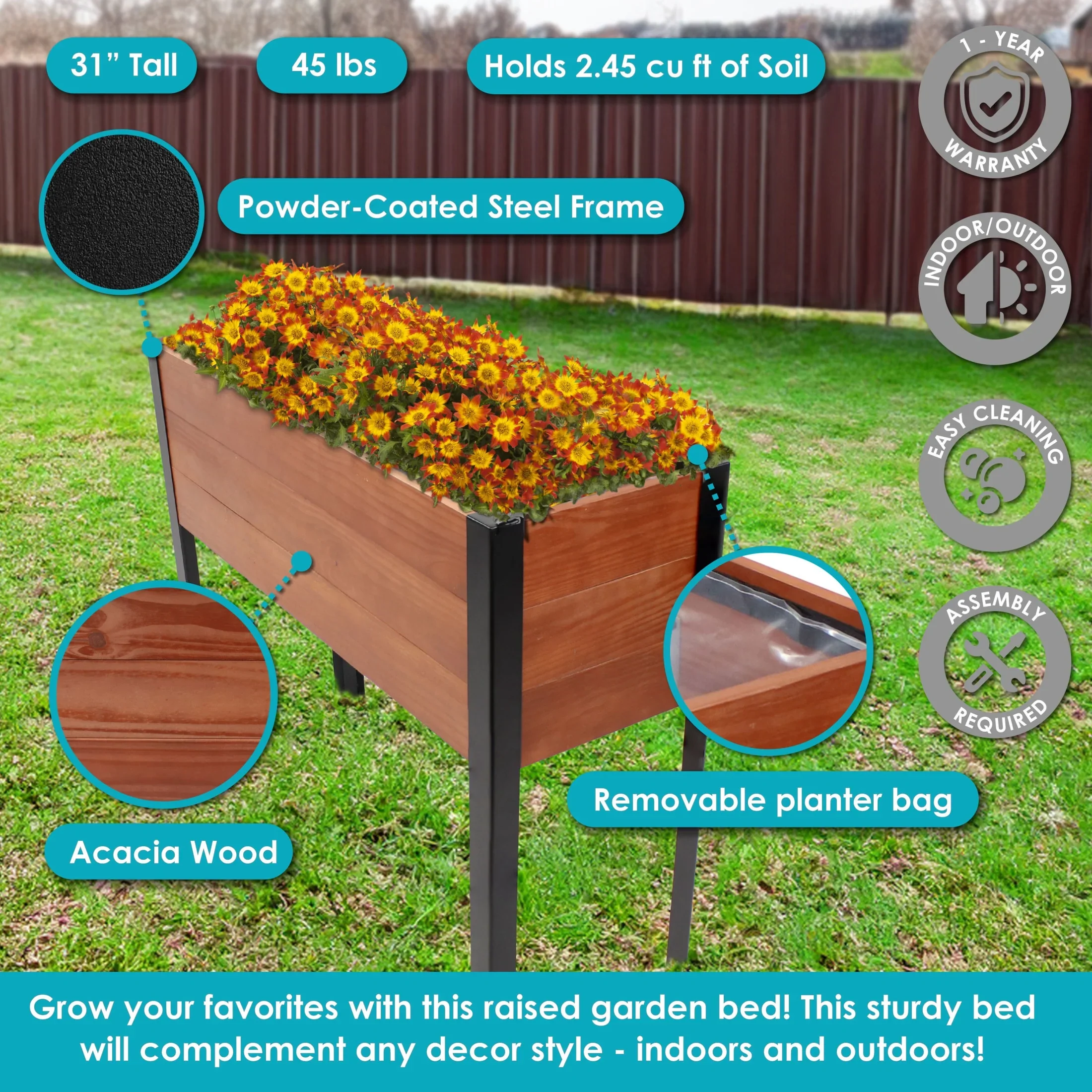 Sunnydaze 36.75 x 12.75 x 31 Brown Acacia Wood Rectangular Raised Garden Bed with Legs
