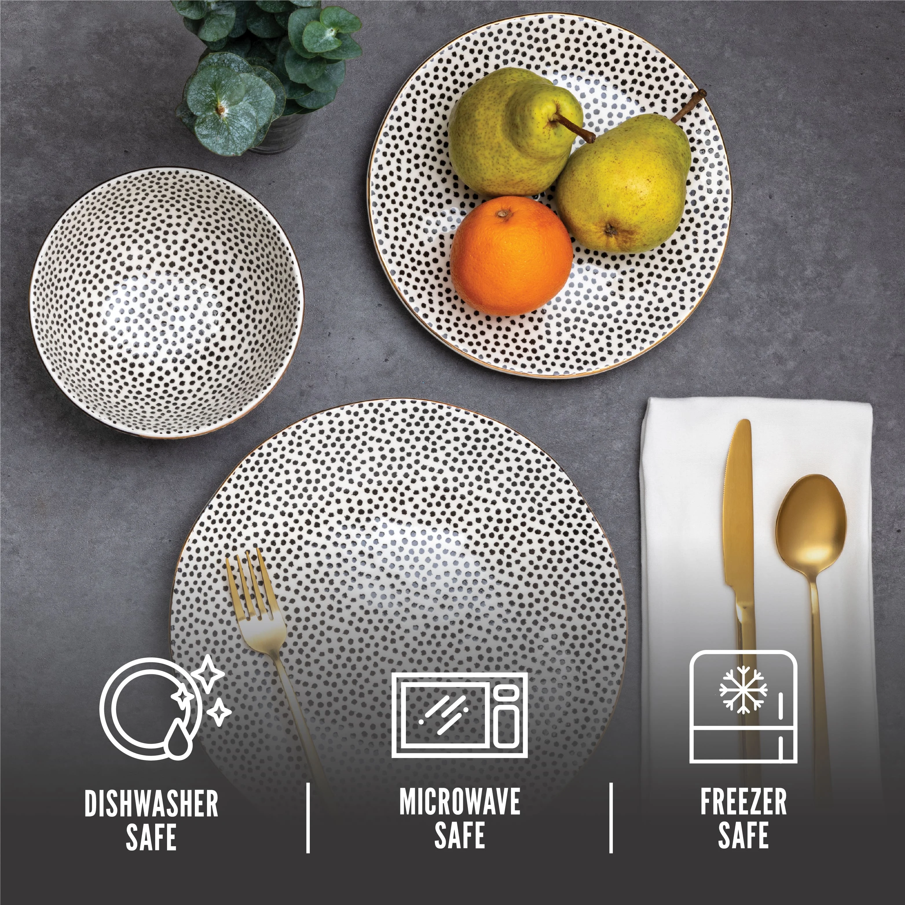 Table Dinnerware Black White Dot Stoneware, 12 Piece Set(black) Image 6