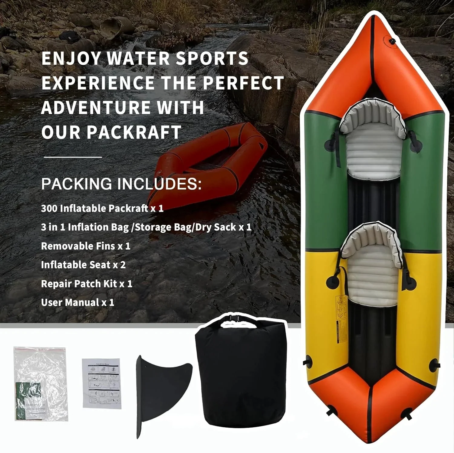 Lightweight Packrafts Tpu Inflatable Kayak for Flat Water Rafting Camping Trip Fishing Water Adventures 1 Person 2 Person Packraft 330LB 660
