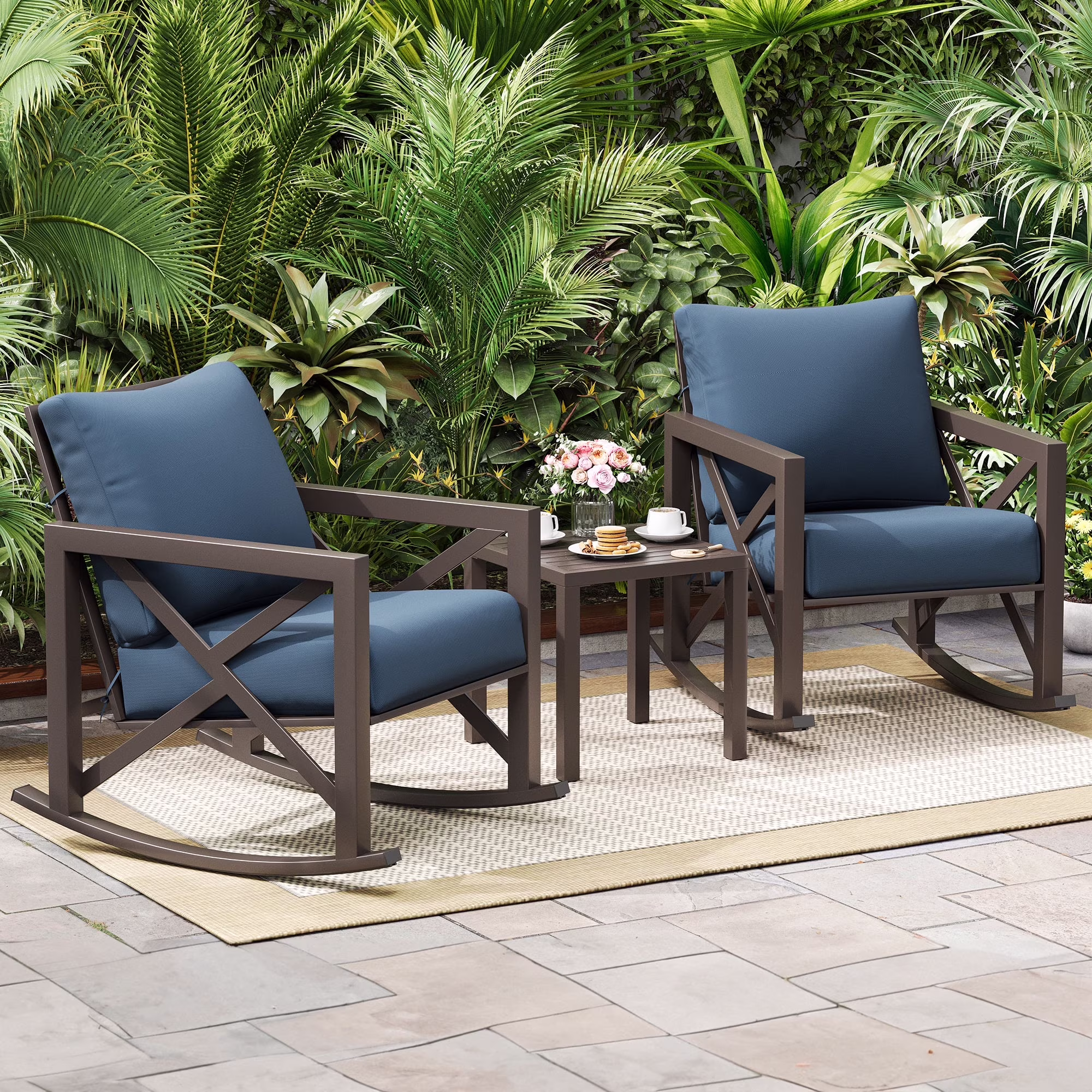 Rocking Chair Bistro Set,3 Piece Outdoor Patio Furniture Set with 2 Rockers and 1 Metal Coffee Table with Thick Cushions for Porch,Backyard,Poolside,Beige(Beige) - Image 9