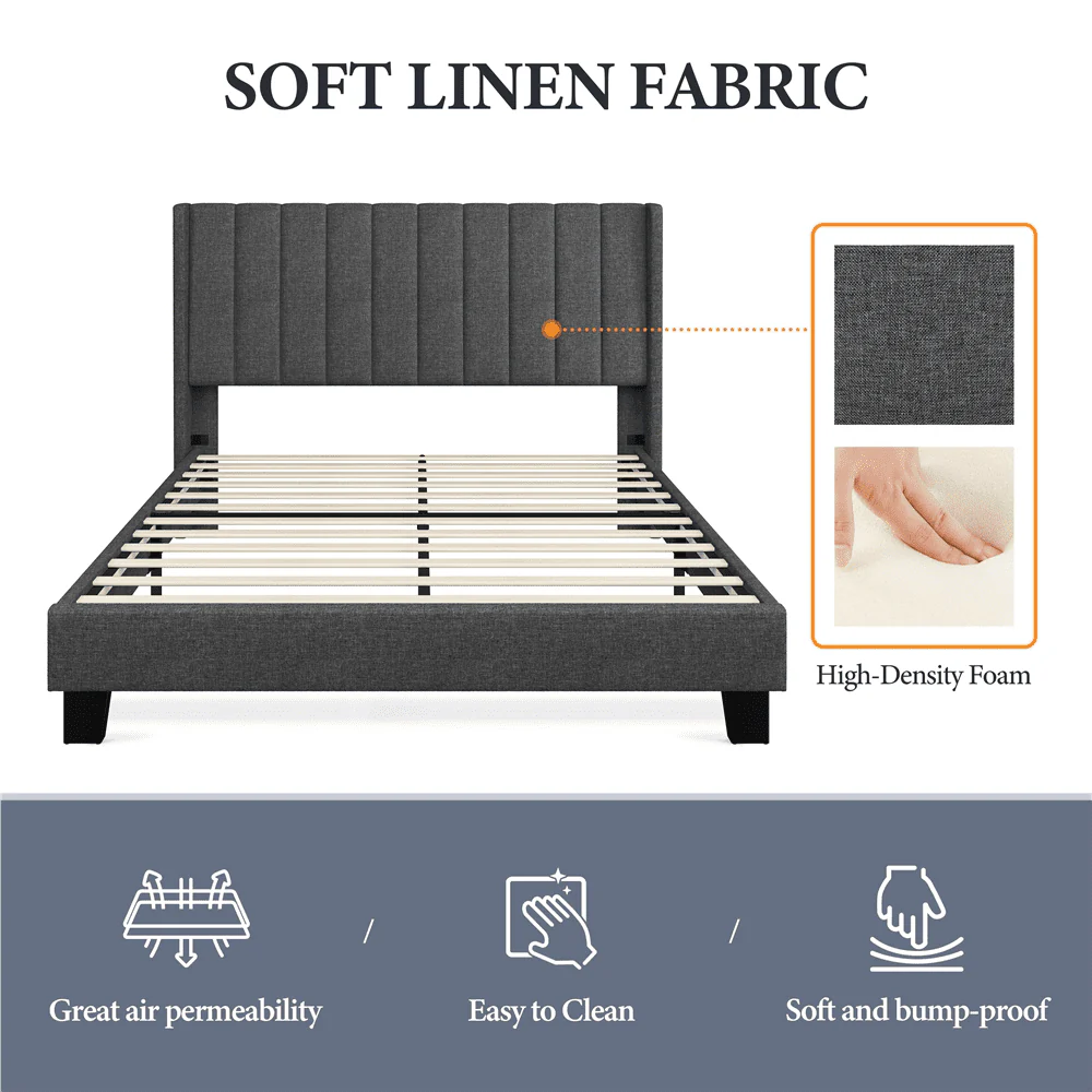 Yaheetech Upholstered Wingback Bed with Support and Mattress Foundation, Queen, Dark Gray(Full/with headboard)