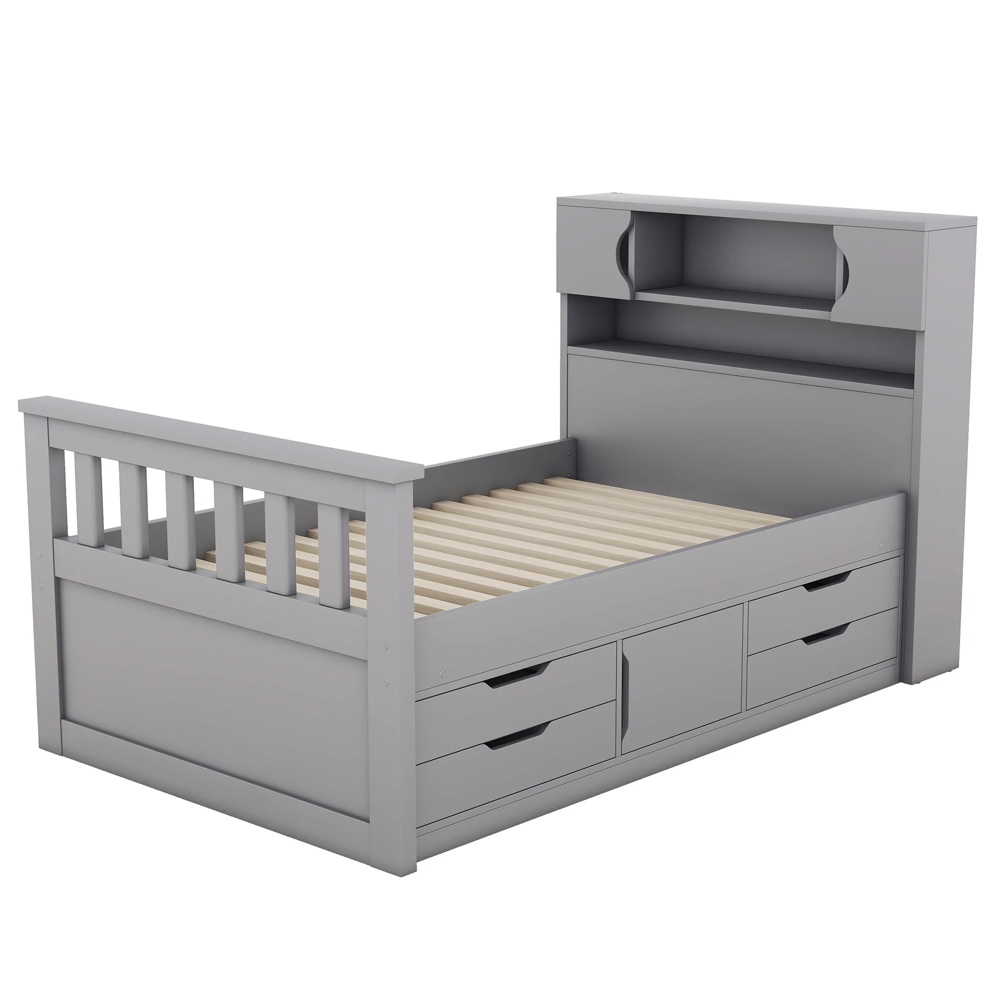 Wood Twin Size Platform Bed with Storage Headboard, Captain Bed with 4 Drawers, Bookcase and Cabinets, Gray(Gray) - Image 10