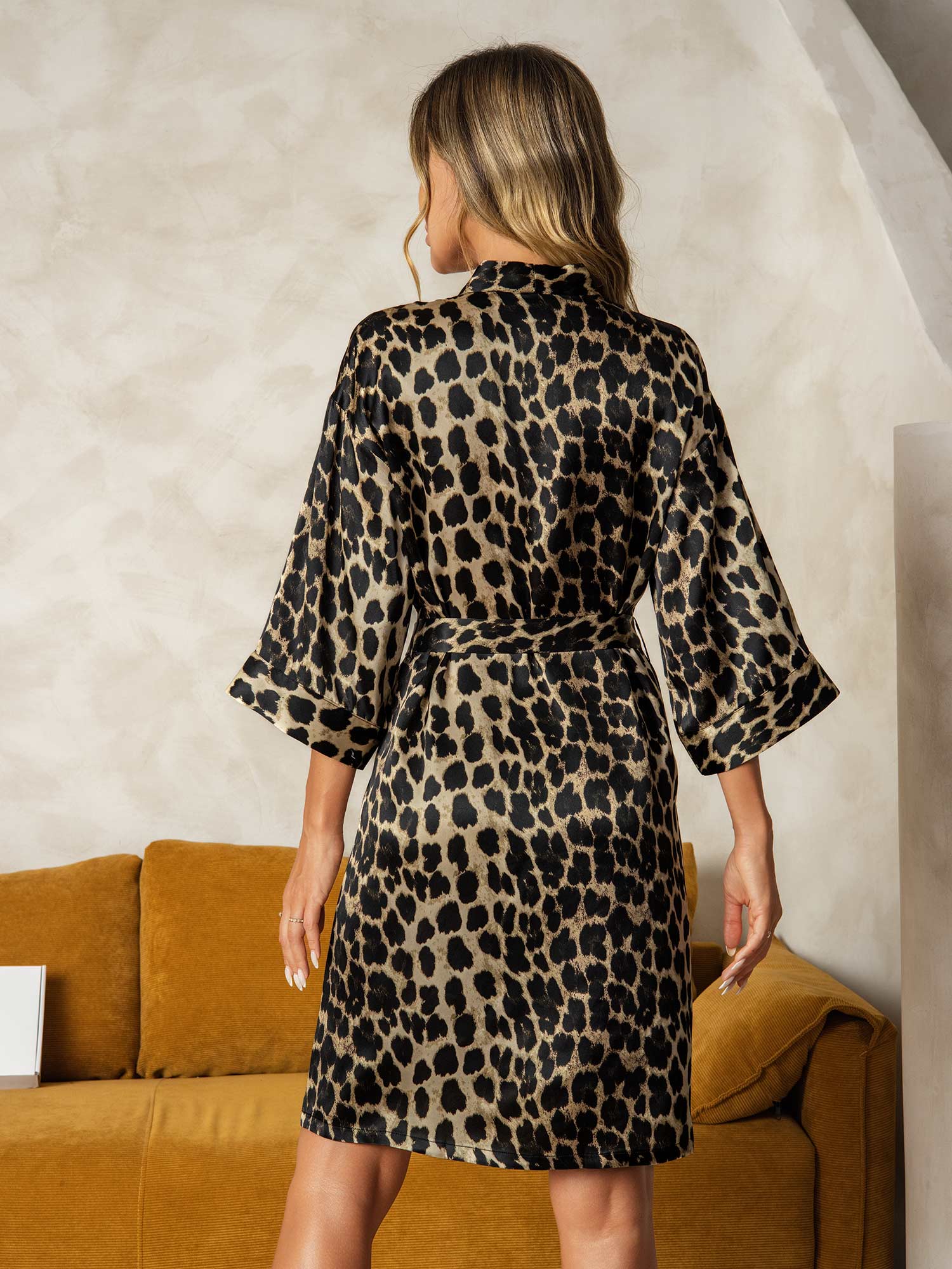 Pure Silk Leopard Print 3/4 Sleeve Women's Kimono Robe with Wrap Design