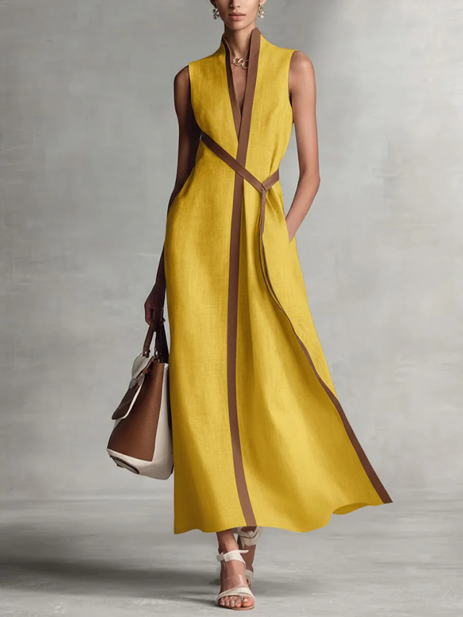 Robe décontractée sans manches à col montant en coton et lin pour femmes