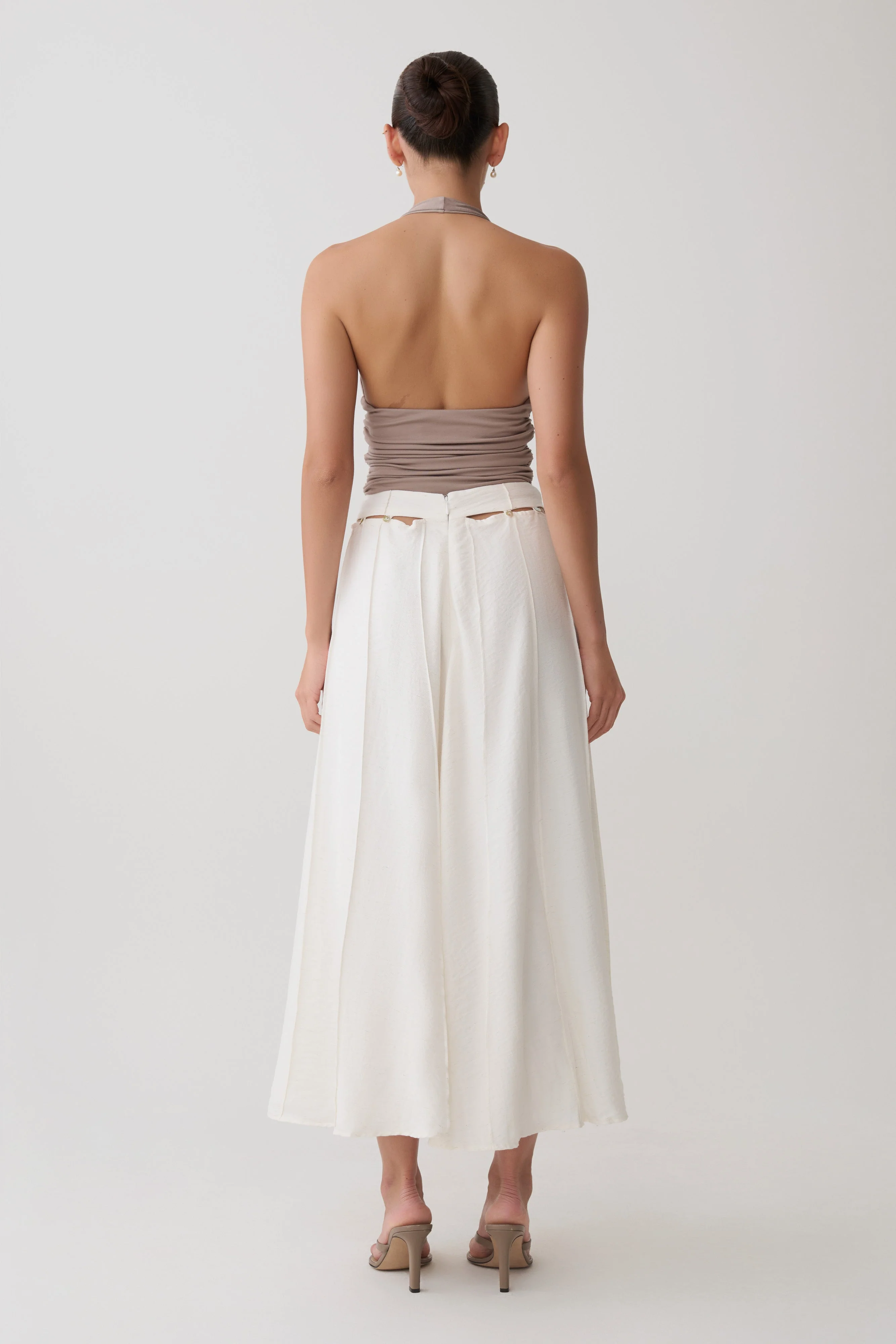 Claire Pearl Button Midi Skirt - White
