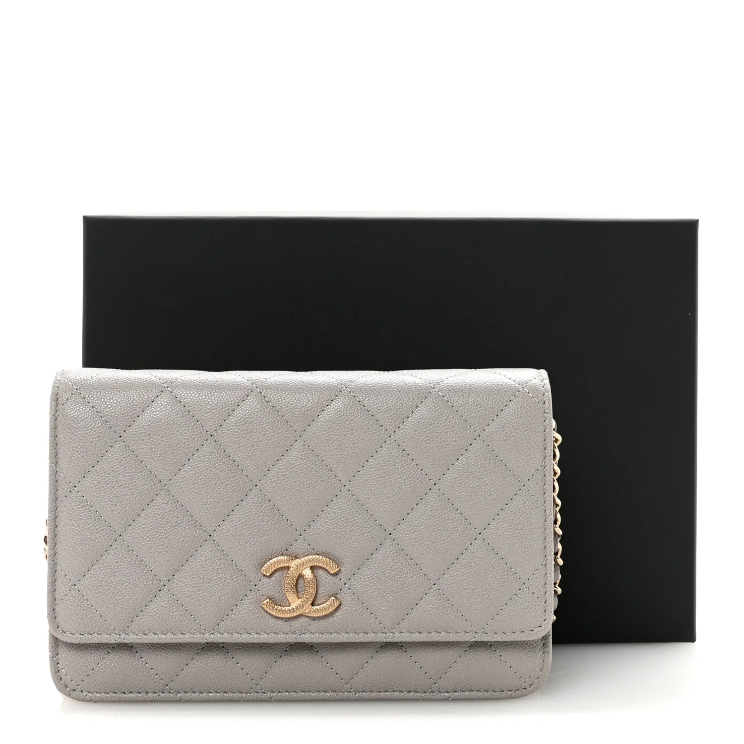 Caviar Quilted Studded CC Wallet On Chain WOC Grey