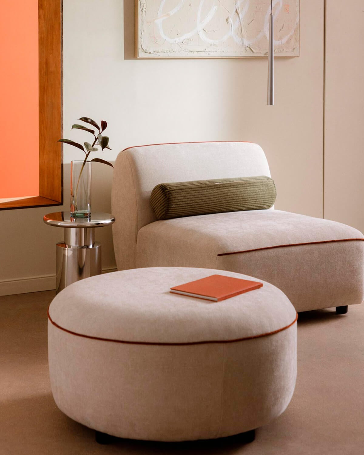 Ilham - Sillón Modular con Puff Redondo de Tela Ilham