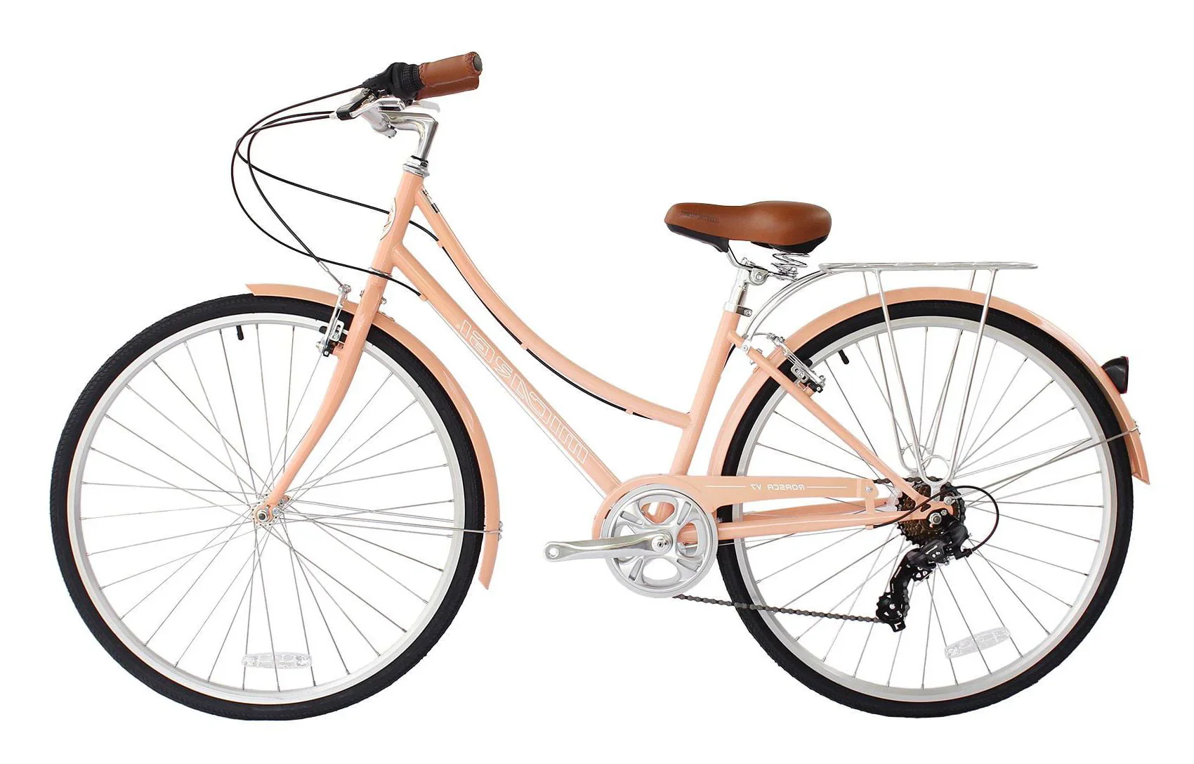 Wonder Wheels City Bike 700C 39 Cm/15.5 Hi-Ten Steel Frame, Shimano Tz21-7 Speed V-Brake, Alloy Rims 700C*14G*32H, Tire:700Cx35 Black. With Back Rack - Peach
