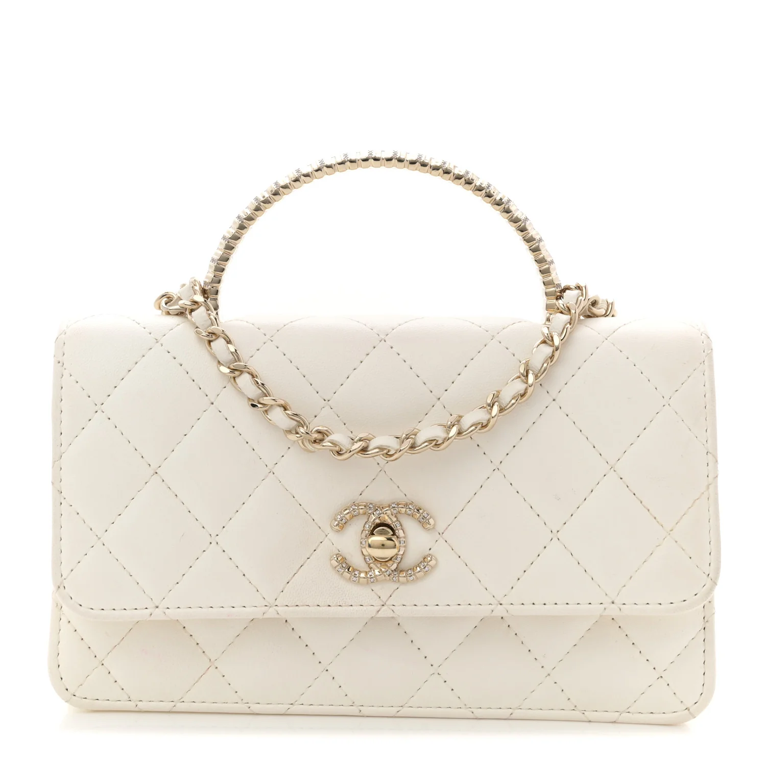 Lambskin Quilted Crystal Top Handle Rectangular Flap White