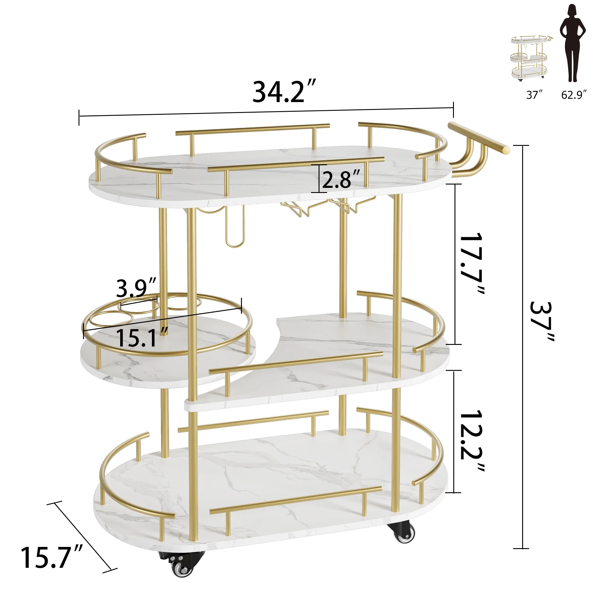 Garvee Bar Serving Cart, 3 - Tier Storage Shelves & Wine Rack and Glass Holder, Golden & White